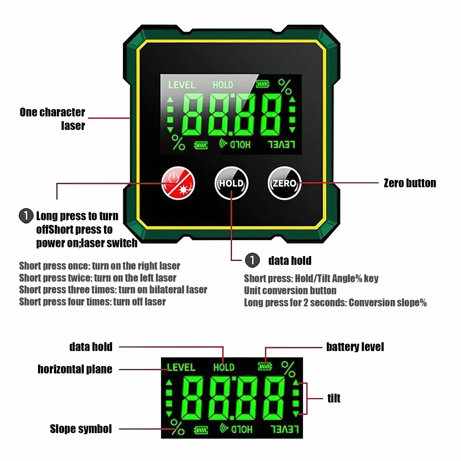 2 in 1 Digital Angle Finder Magnetico Laser Elettronico Misuratore di Angolo Magnetico Ricaricabile 4 Lati Inclinometro Trasportatore Retroilluminato LCD