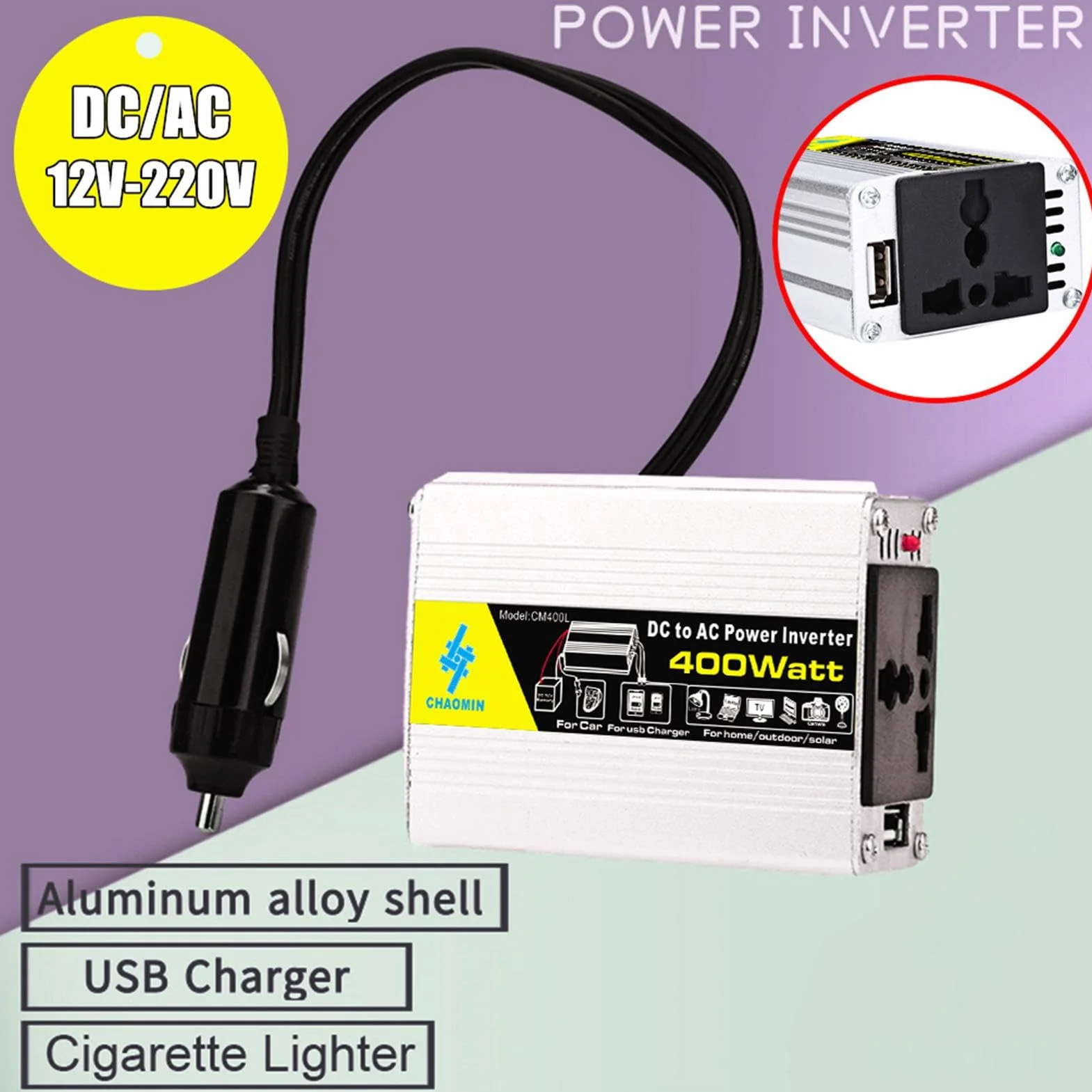 Sine Waves Inverter - da 12 V DC a 220 V AC Pure Sine Power Converter, Inverter da 400 W | Convertitore per auto con clip per batterie, inverter di alimentazione portatile per casa, campeggio,