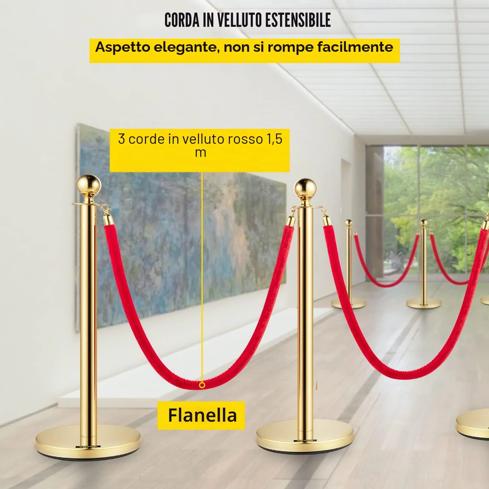 VEVOR Barriera per Il Controllo della Folla con Corda di Velluto Rosso, 4 Pezzi Corda da 1,5 m Barriere di Controllo della Folla Tondo Post Palo per Teatri, Hotel, Casinò, Biglietterie ed Eventi