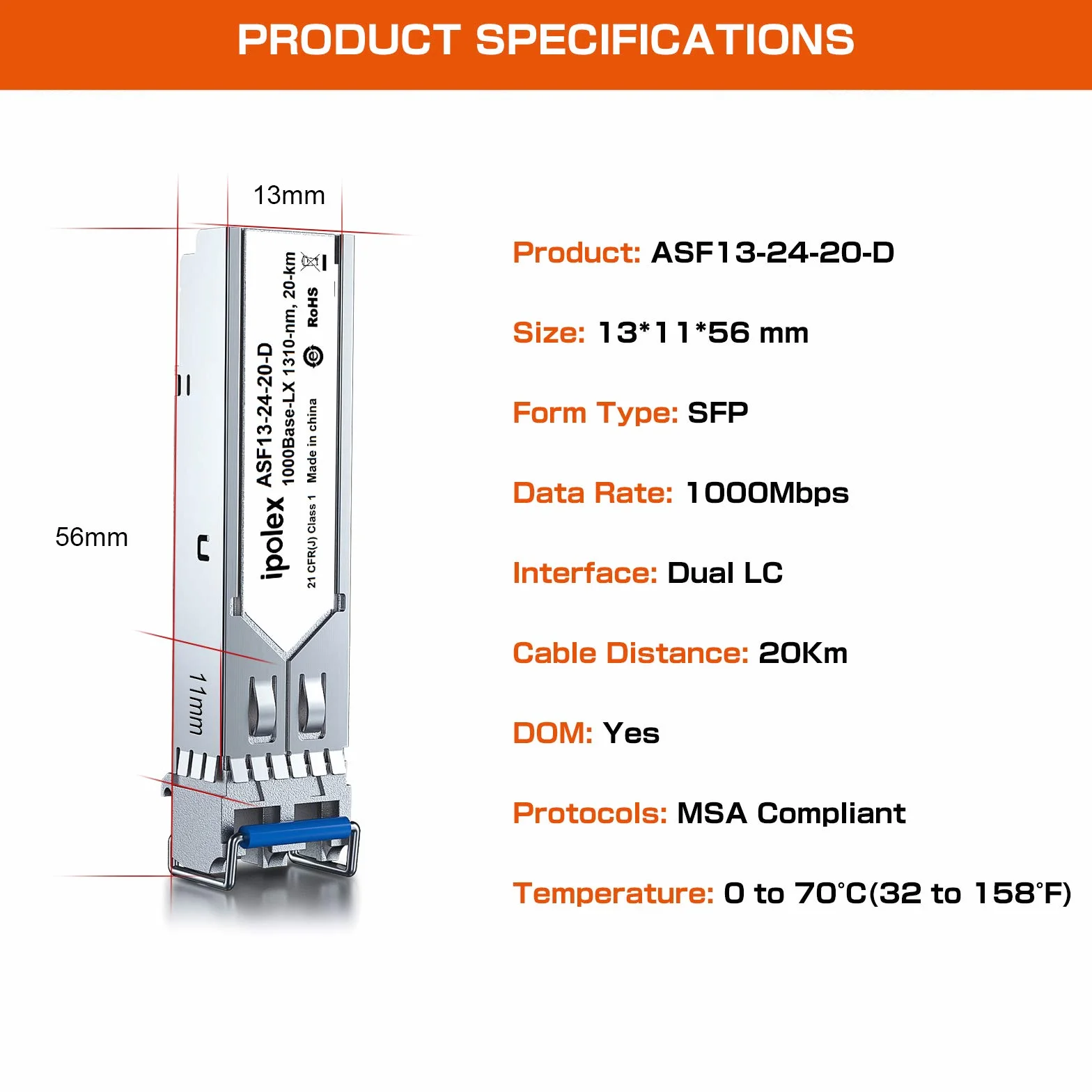 ipolex 1.25G SFP Transceiver 1000Base-LX 1310nm 20km Singlemode LC Mini-Gbic Modulo 2-Pack