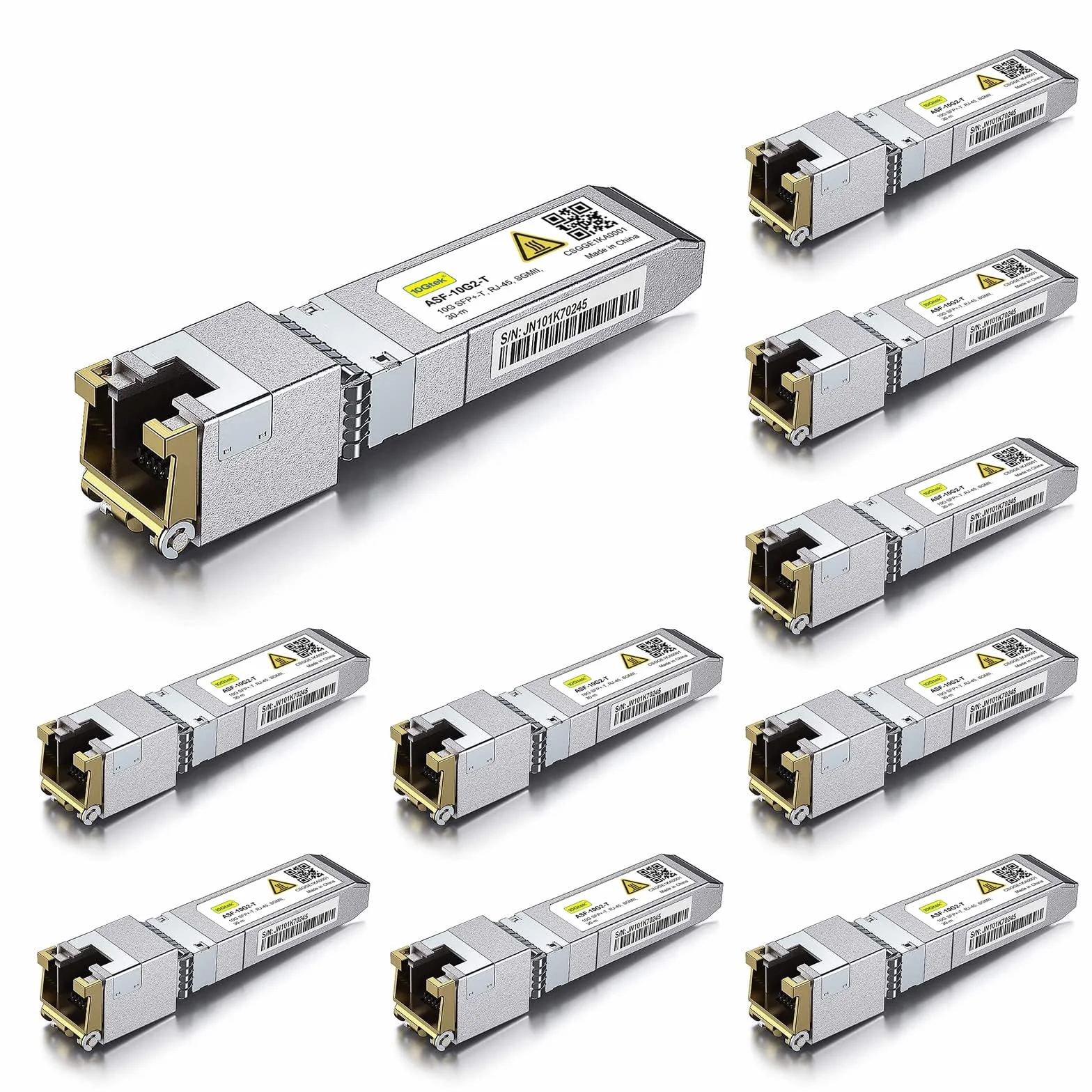 10Gtek x10 pcs SFP+ to RJ45 CAT.6a Copper Transceiver 1.25/2.5/5/10G-T Auto-Negotiation Ethernet Module 30-Meter for Cisco Ubiquiti Netgear