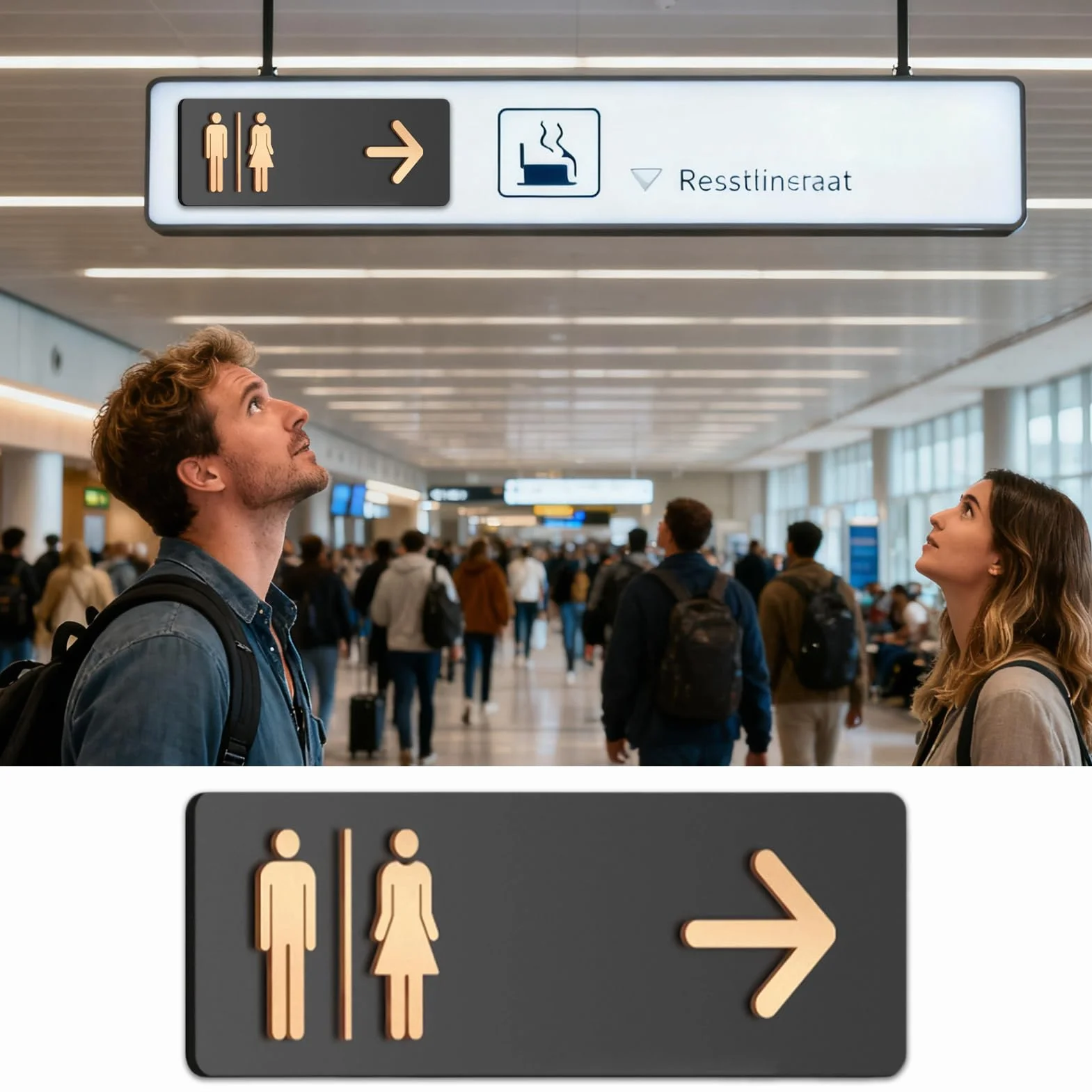 Cartello Toilette Uomo Donna In Acrilico Con Frecce Sinistra/Destra, Segnaletica Bagno Commerciale 30x10cm | Applicazione A Parete Autoadesiva Per Uffici, Luoghi Eventi & Spazi Commerciali - Insegna D