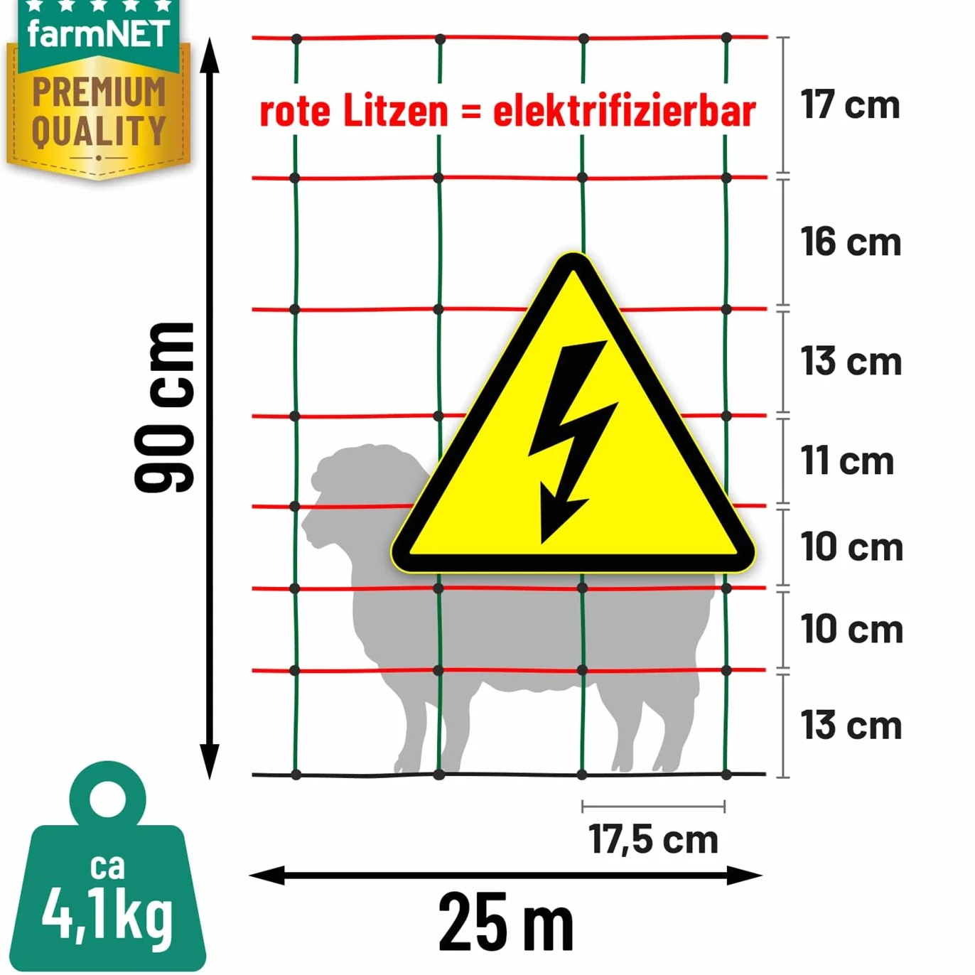 VOSS.farming farmNET+ Rete elettrificabile per Pecore 25 m 90 cm 2 Punte Verde