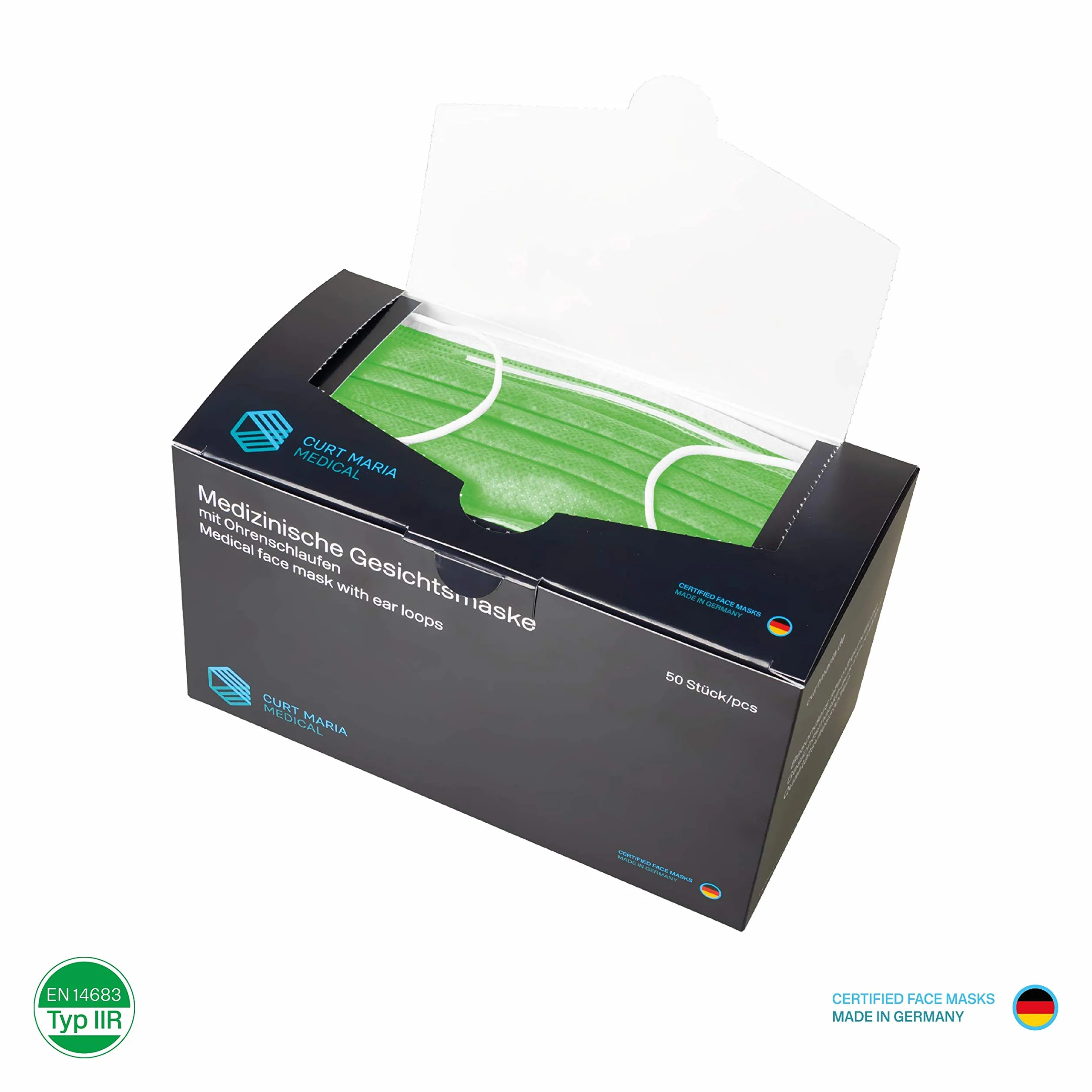 CURT MARIA MEDICAL 50 maschere mediche per il viso 3 strati monouso verde
