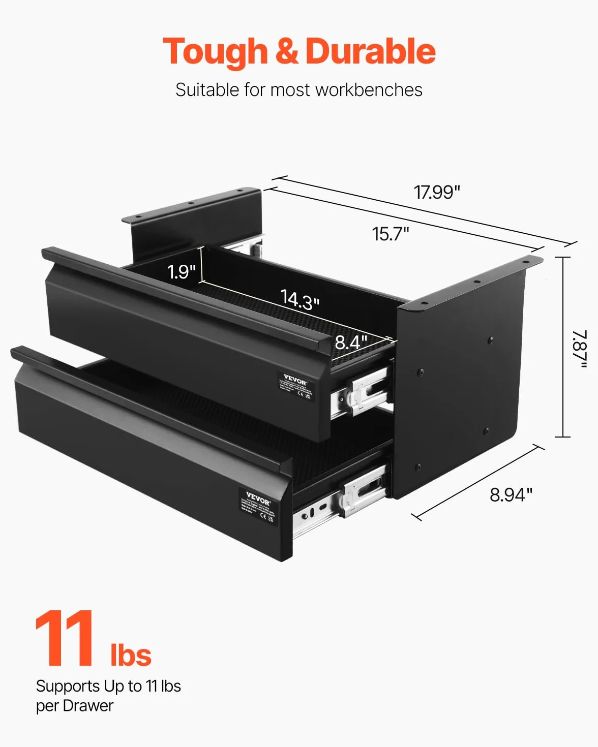 VEVOR Cassetto Estraibile Sotto Scrivania 457 x 227 x 200 mm Organizzatore Nascosto per Riporre Oggetti 2 Strati, Cassetto Portapenne Sotto Tavolo, per Postazioni di Lavoro Domestiche Sit Stand, Nero