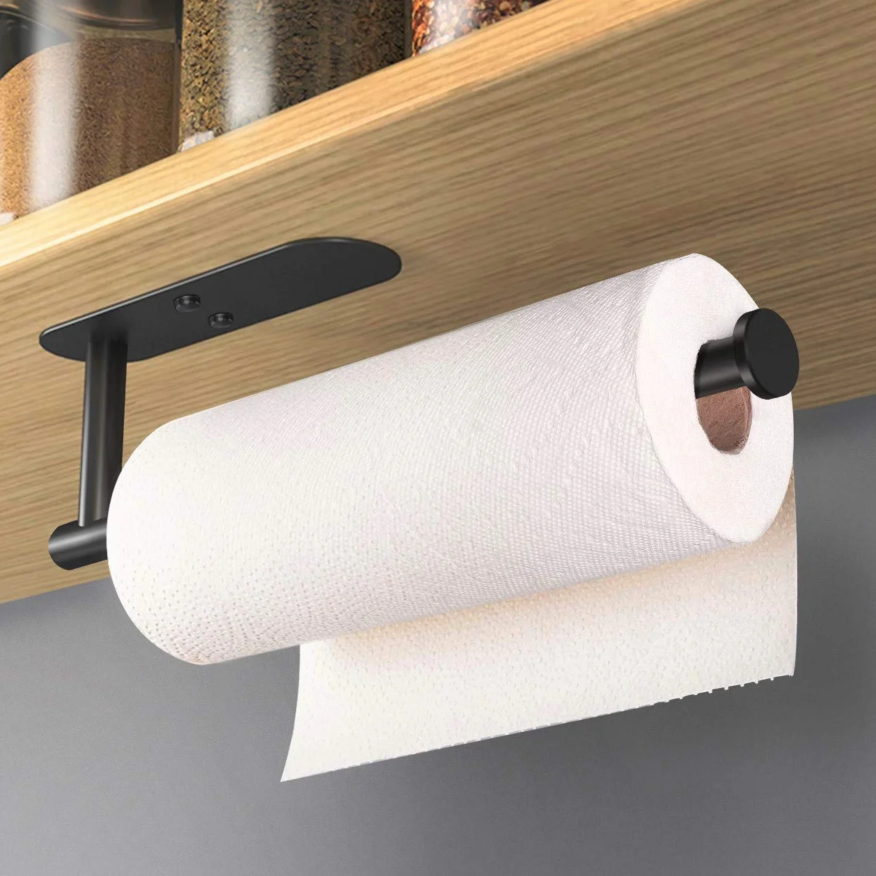 VAEHOLD Porta asciugamani di carta adesiva da appendere sotto l'armadio, montaggio a parete per asciugamani di carta da cucina, supporto nero per rotolo di carta da attaccare a parete, in acciaio inox