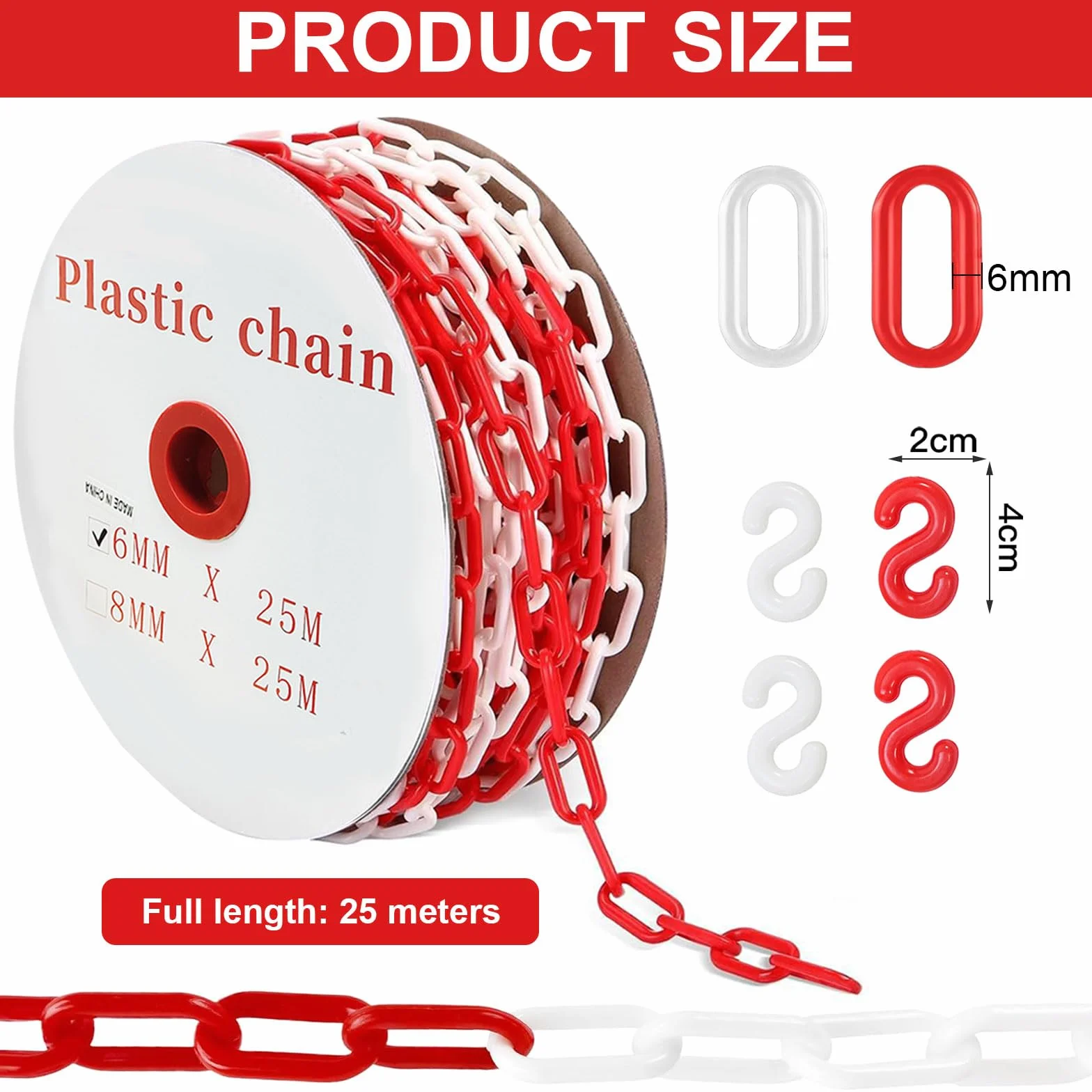 Catena di bloccaggio, 25 m, in plastica, da 6 mm, in plastica, con 4 moschettoni, per barriere in vialetti, posti di lavoro e garage