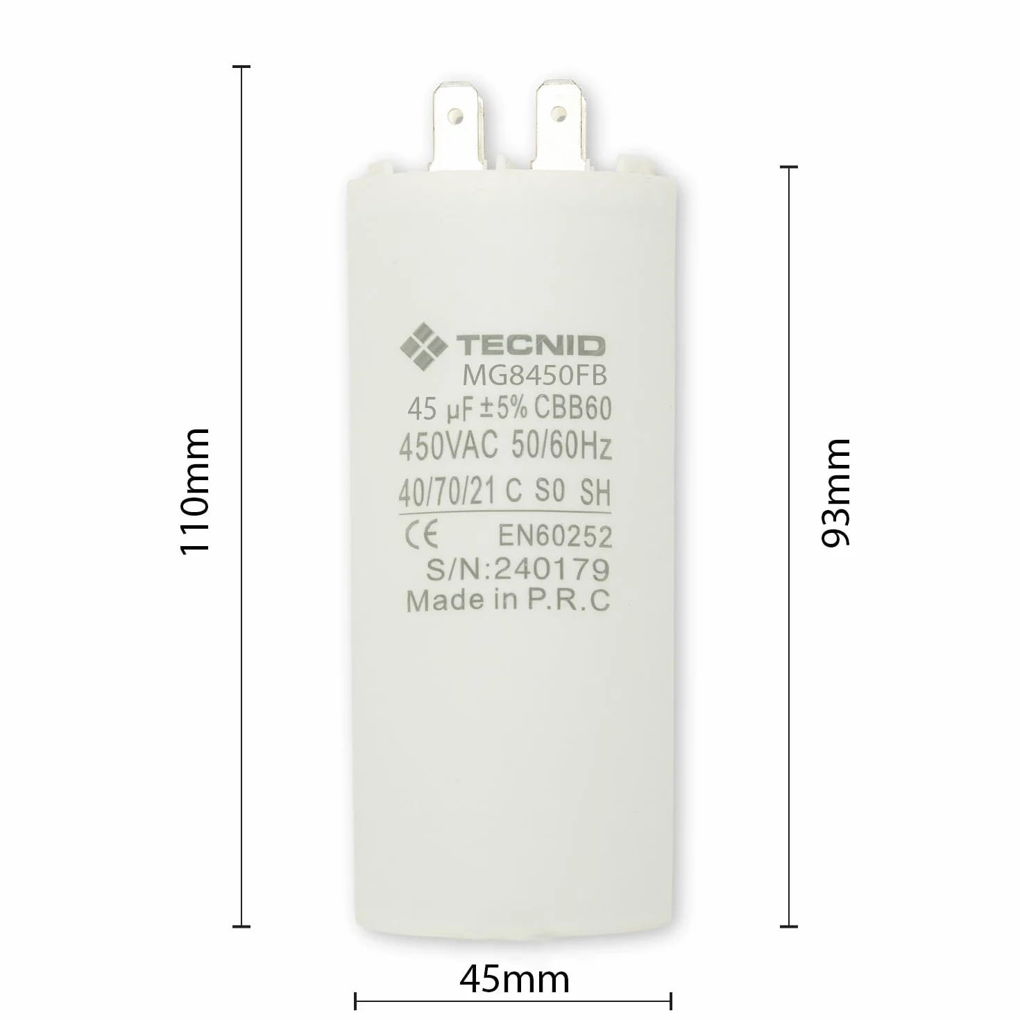 Condensatore di Spunto 45µF 450V AC fondo piatto Per Motori Monofase
