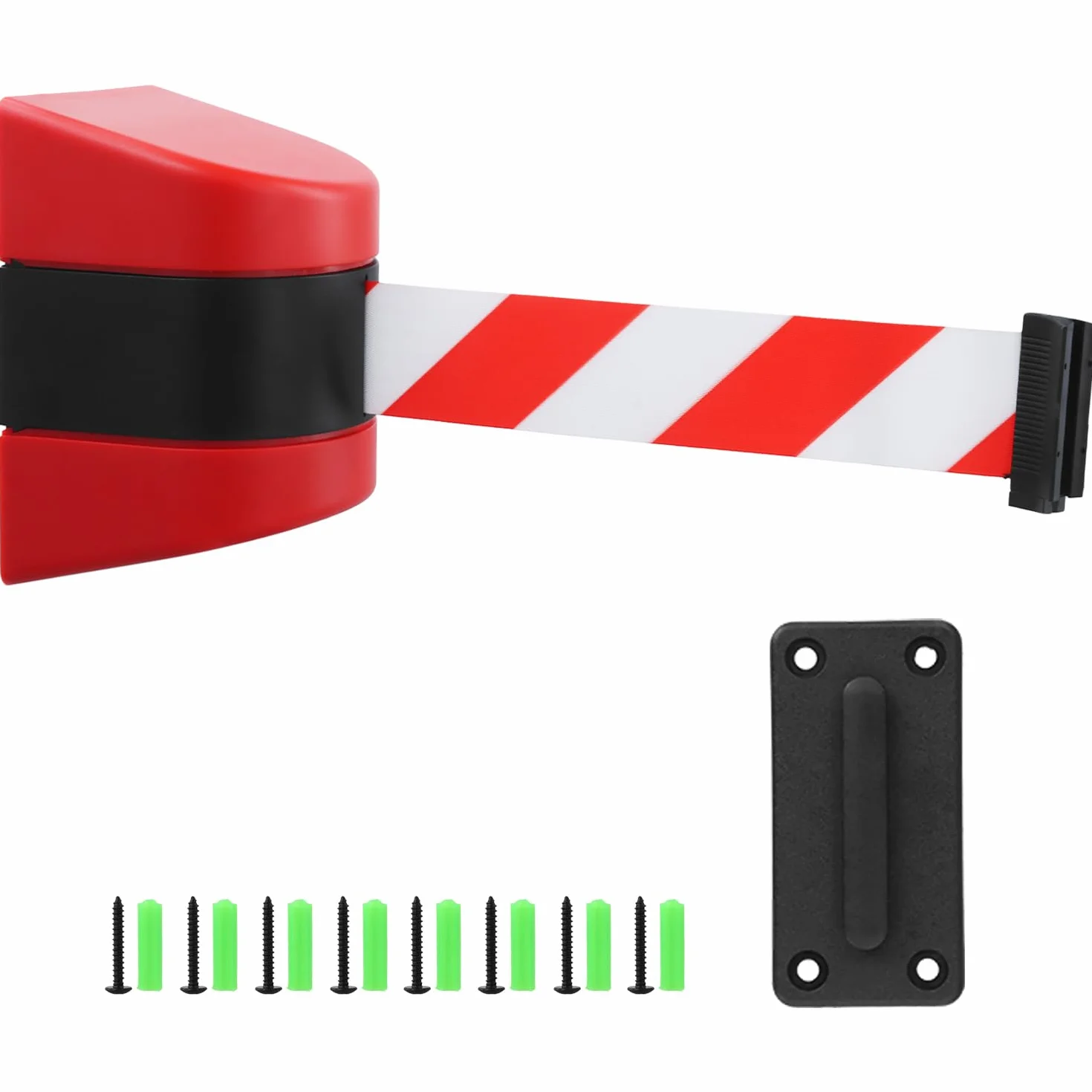 QWORK® Barriera a nastro retrattile da 10 m - rosso/bianco - alloggiamento a parete in plastica ABS - funzione di bloccaggio - per il controllo della folla durante gli eventi