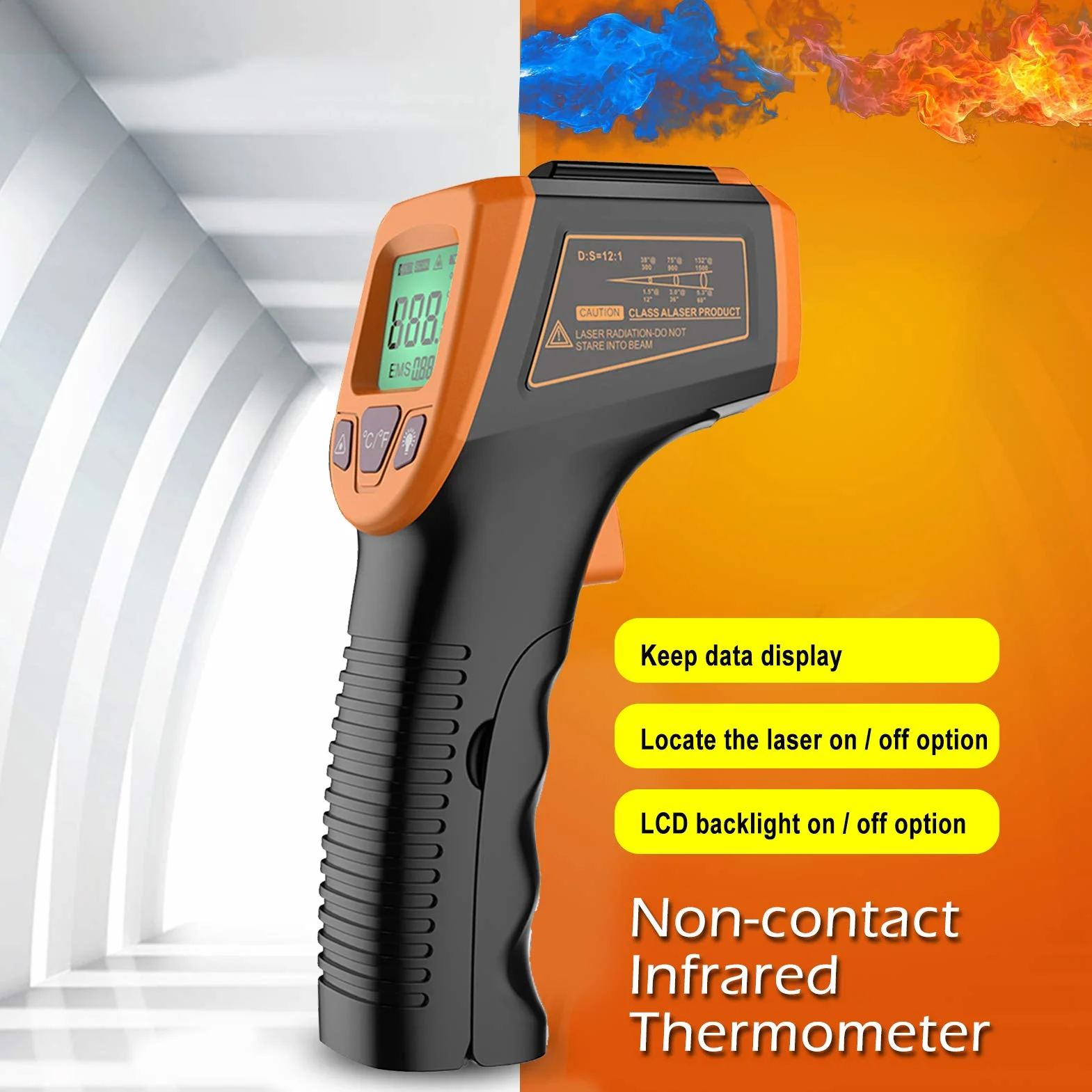 Termometro a infrarossi contatto zero digitale portatile con display LCD retroilluminato Emissività regolabile Gamma di temperature ampia Alta precisione per uso industriale