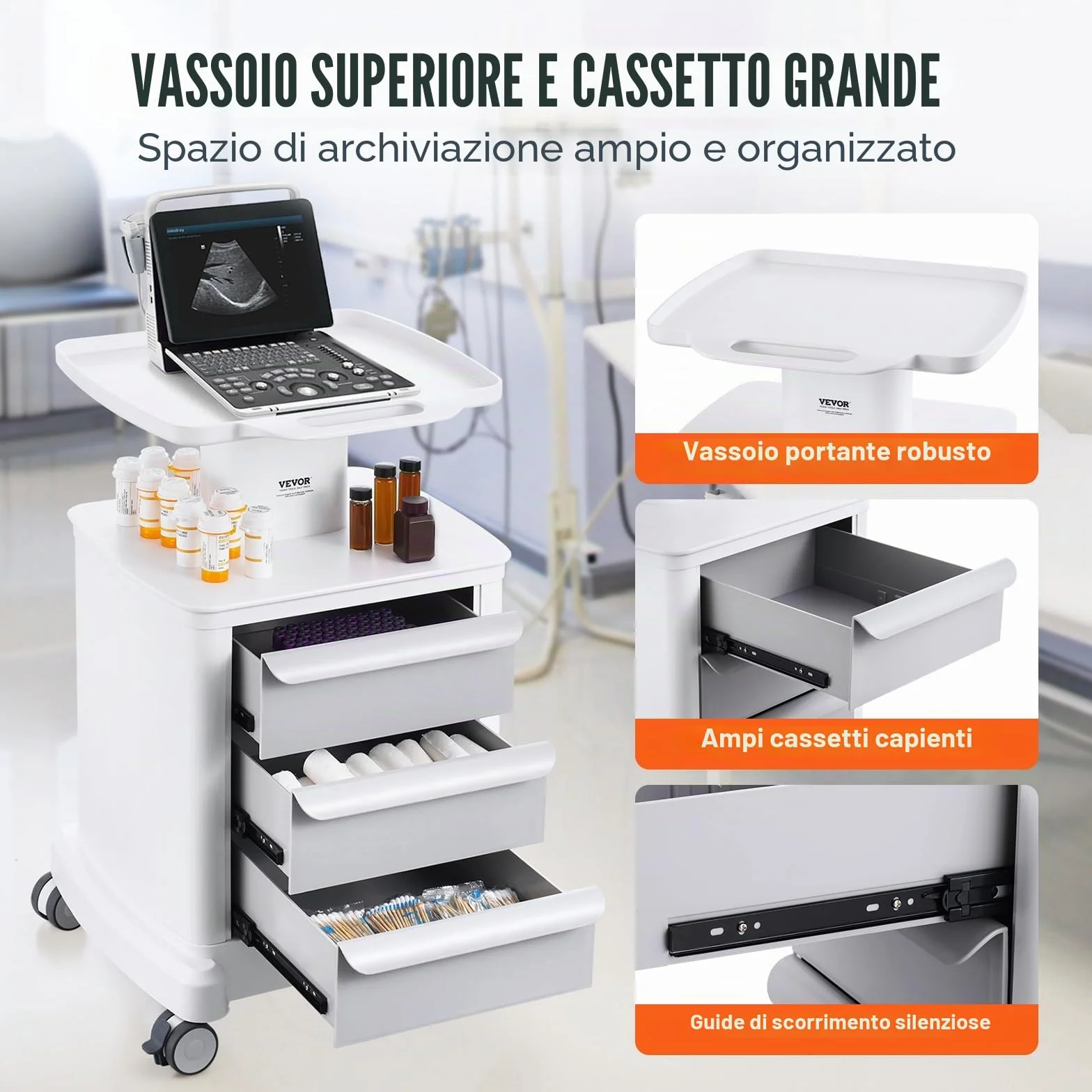 VEVOR Carrello da Laboratorio 4 Ripiani con 3 Cassetti 1 Vassoio Superiore 4 Ruote, Bianco