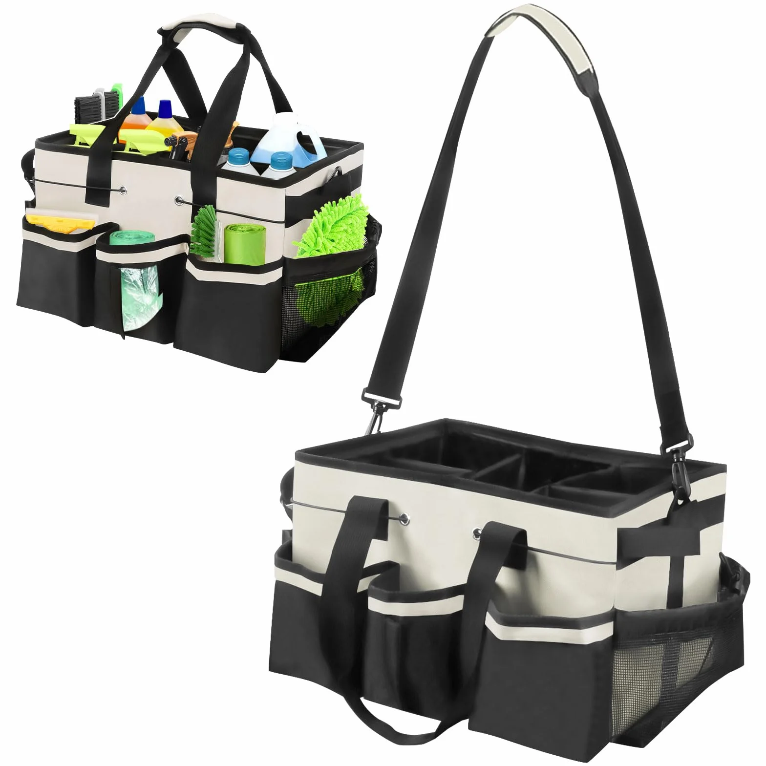 Cesto Per La Conservazione Dei Prodotti Per La Pulizia,Cestino Porta Attrezzi con 5 Tasche Esterne, Organizer Per Pulizie in Tessuto Oxford, Impermeabile, con Spallacci Regolabili (Bianco)