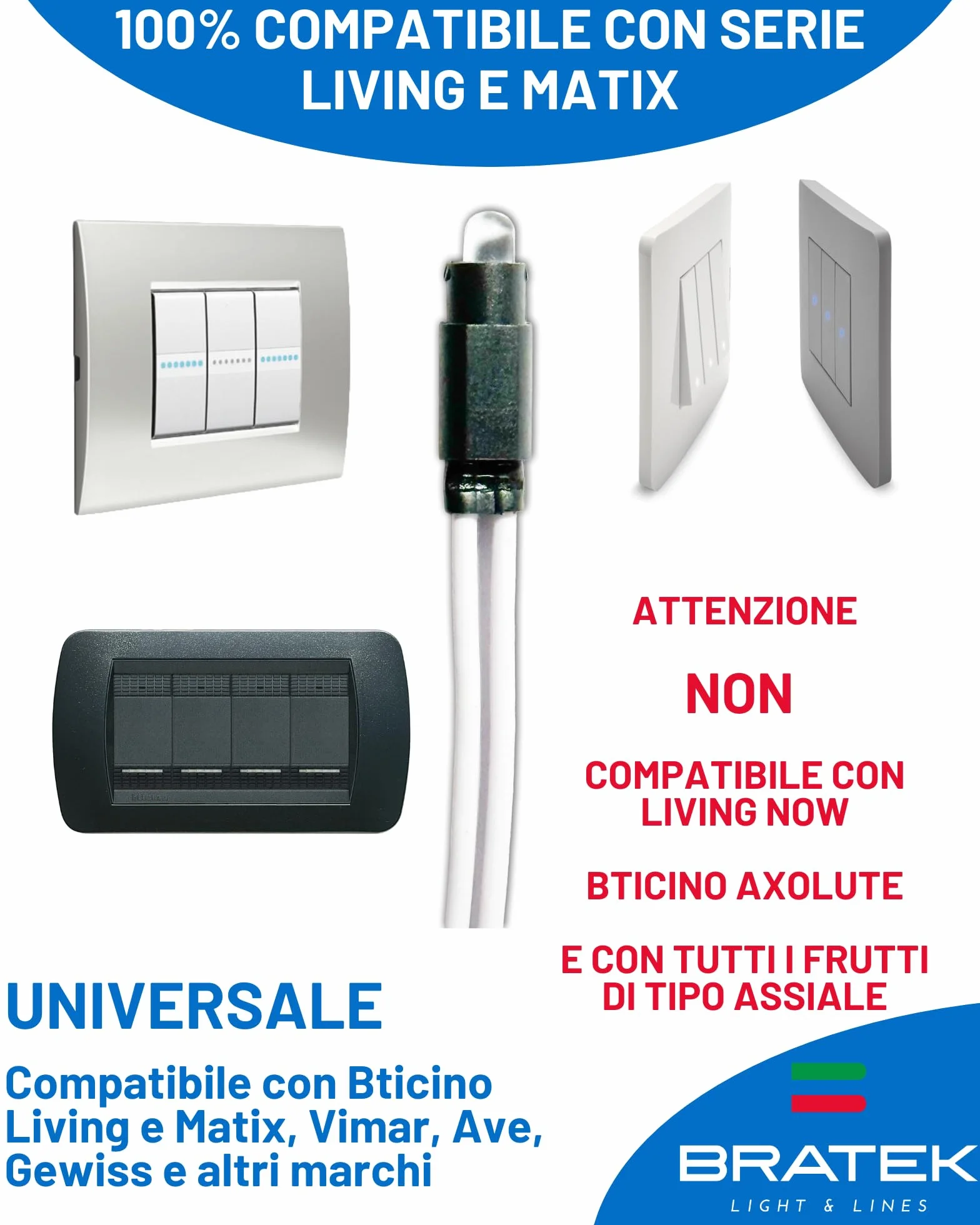 Bratek Spia Led 220v per Interruttore e Pulsante Illuminabile - Spia Led Compatibile BTicino Living Now, Living Light, Matix, Matix Go - Lucina Universale Bianca 0,5W x Frutti Elettici Illuminabili
