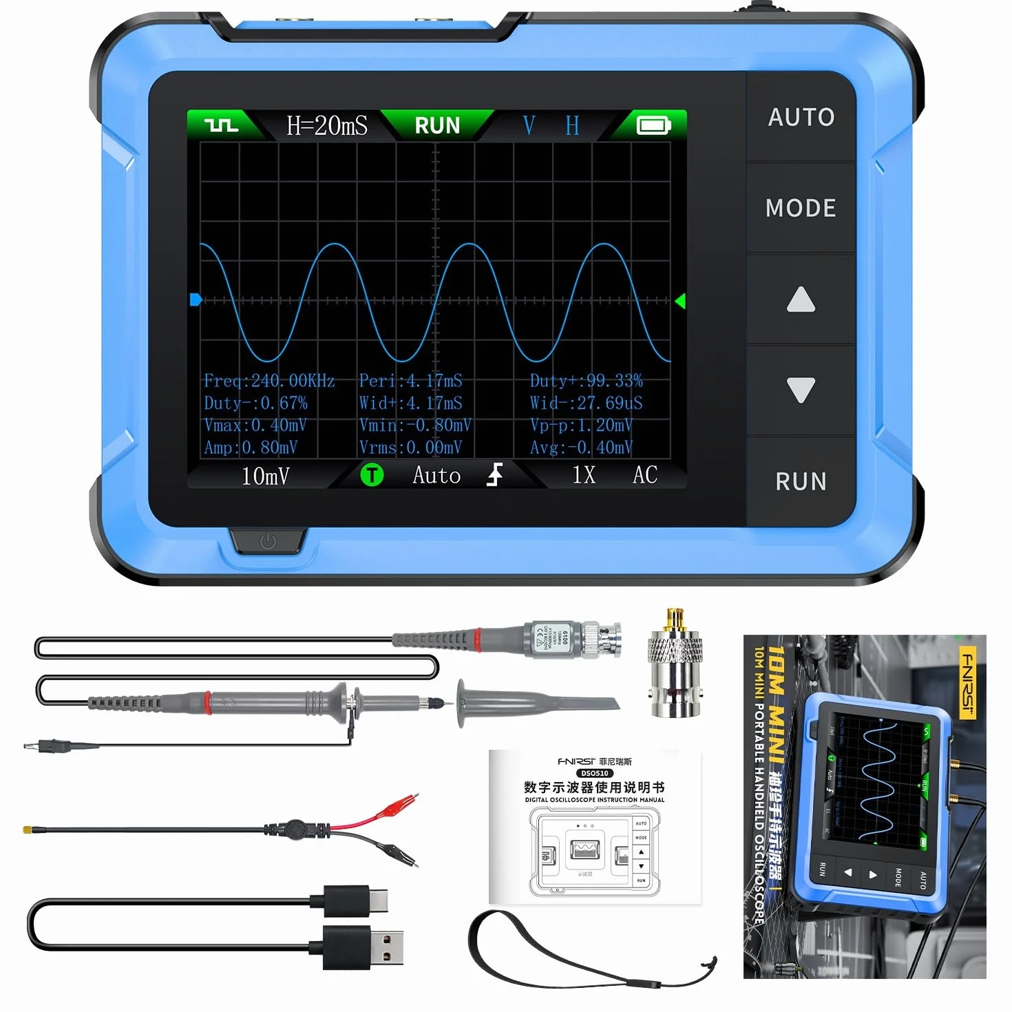 DEWIN Oscilloscopio Digitale DSO510 2 in 1 Portatile 2,8 Pollici TFT 10 MHz 48 MS/s