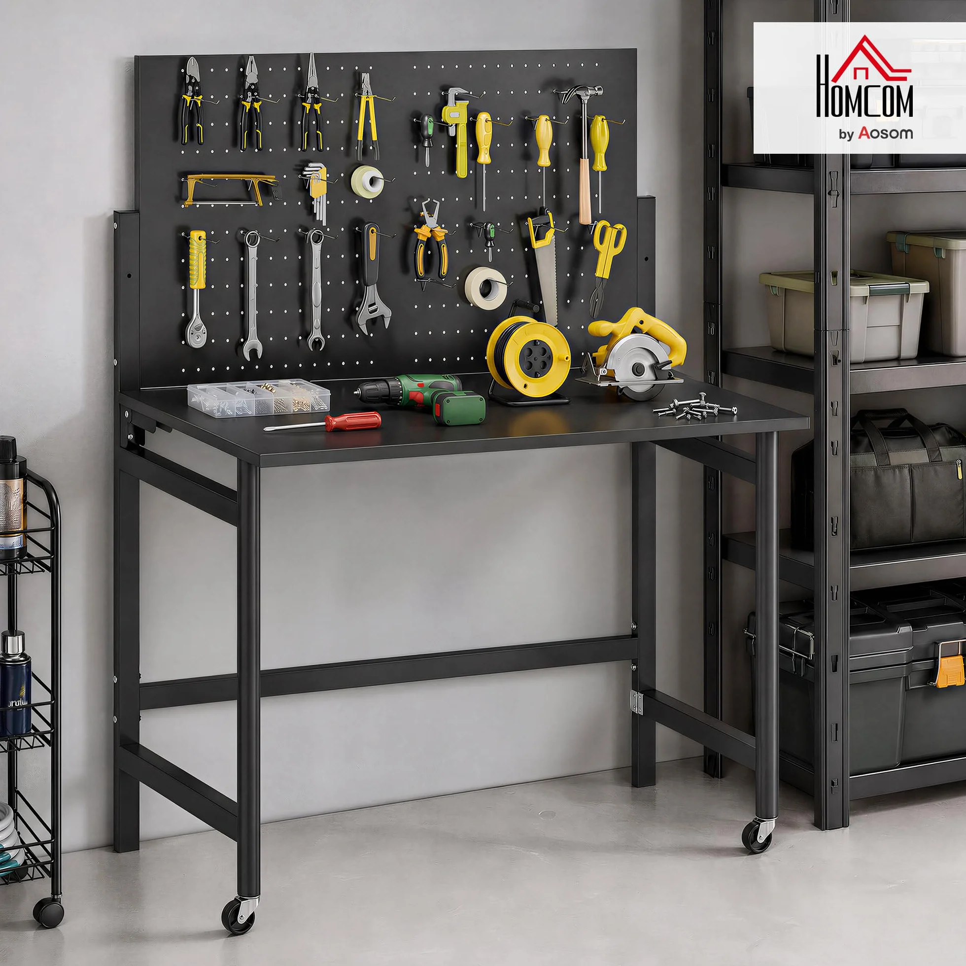HOMCOM Banco da Lavoro Pieghevole 9cm, Tavolo da Lavoro con Pannello Forato e 30 Ganci, Ruote, 115x62x143.5cm, Piano Spesso in Legno, Struttura in Acciaio, Garage, Officina e Casa, Portata 120kg, Nero