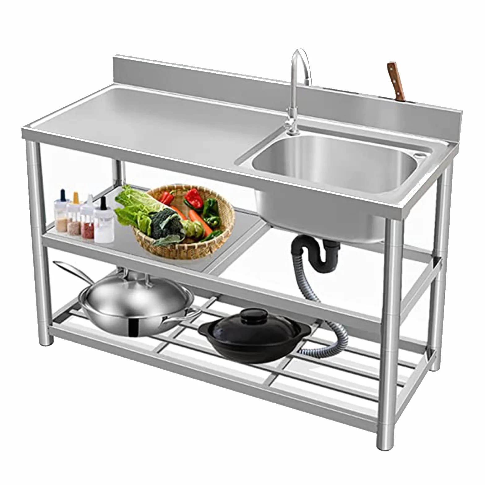 Lavandino a una vasca in acciaio inox, lavello di servizio a libera installazione, lavello da cucina per ristoranti commerciali, con banco di lavoro e ripiani di stoccaggio(120cm/47in,右)