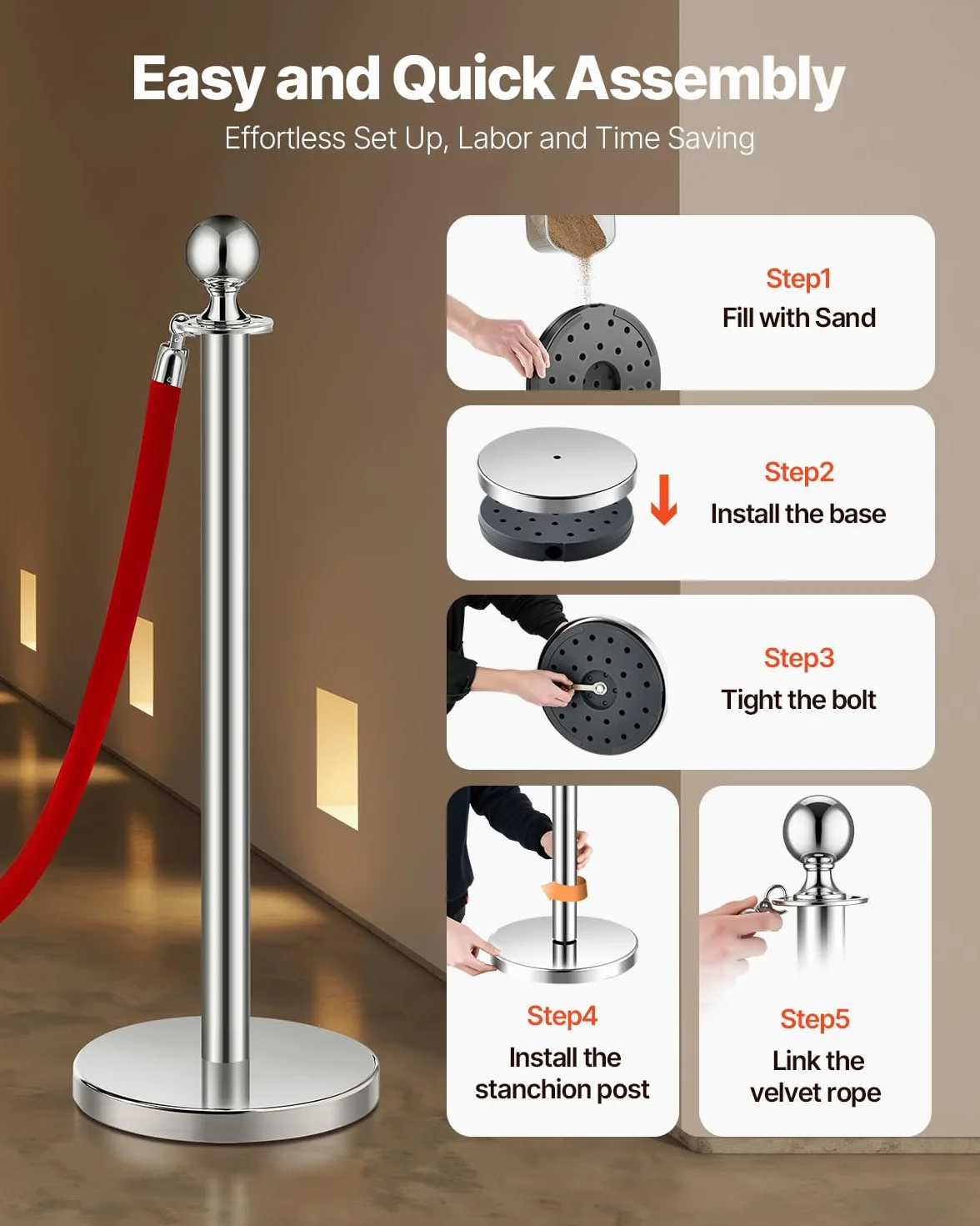 VEVOR Paletto di Sostegno Set di 4 Barriere Controllo Folla Corde Velluto Rosso Acciaio Inox 1,5 m Base Cava