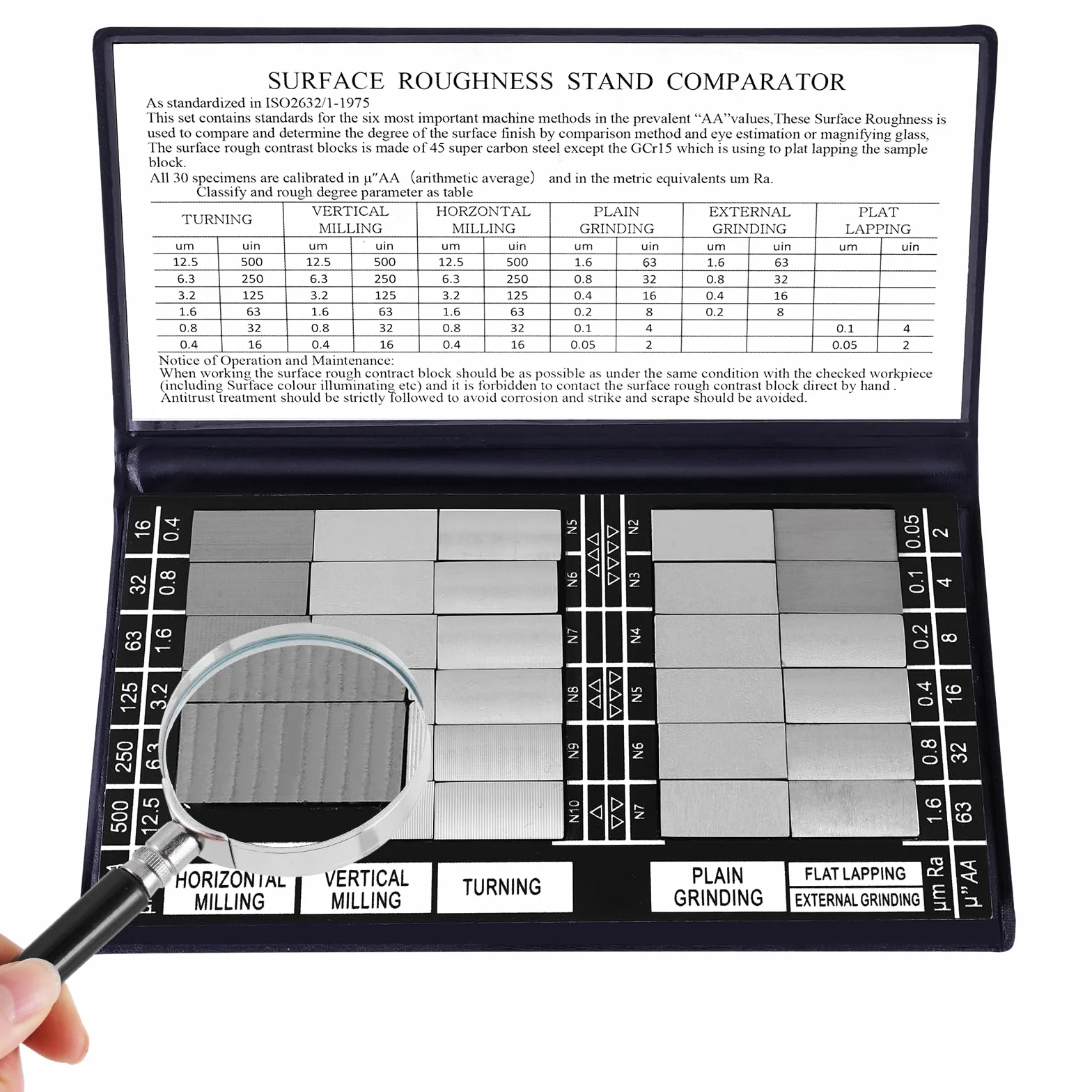 Set di Standard per la Rugosità Superficiale 30 Comparatori Ra 0,05-12,5 mm con Lente d'Ingrandimento 5X per Controllo Industriale