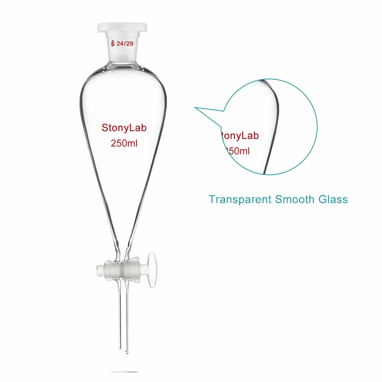stonylab Lmbuto Separatore con Rubinetto in Vetro, Imbuto in Borosilicato con Giunto 24/29 per Separazione Accurata di Liquidi in Laboratorio, 250 ml