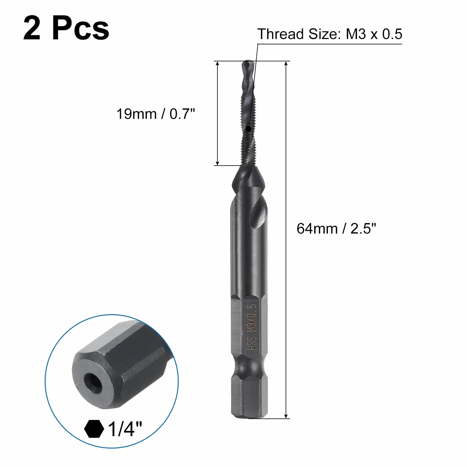 QUARKZMAN 2pz Trapano Maschio Combinati Metrici M3 x 0.5 Filettatura 1/4" Esagonale Rivestiti Nitruro Punte Filettatrici Acciaio Alta Velocità 4341 Kit Attrezzi