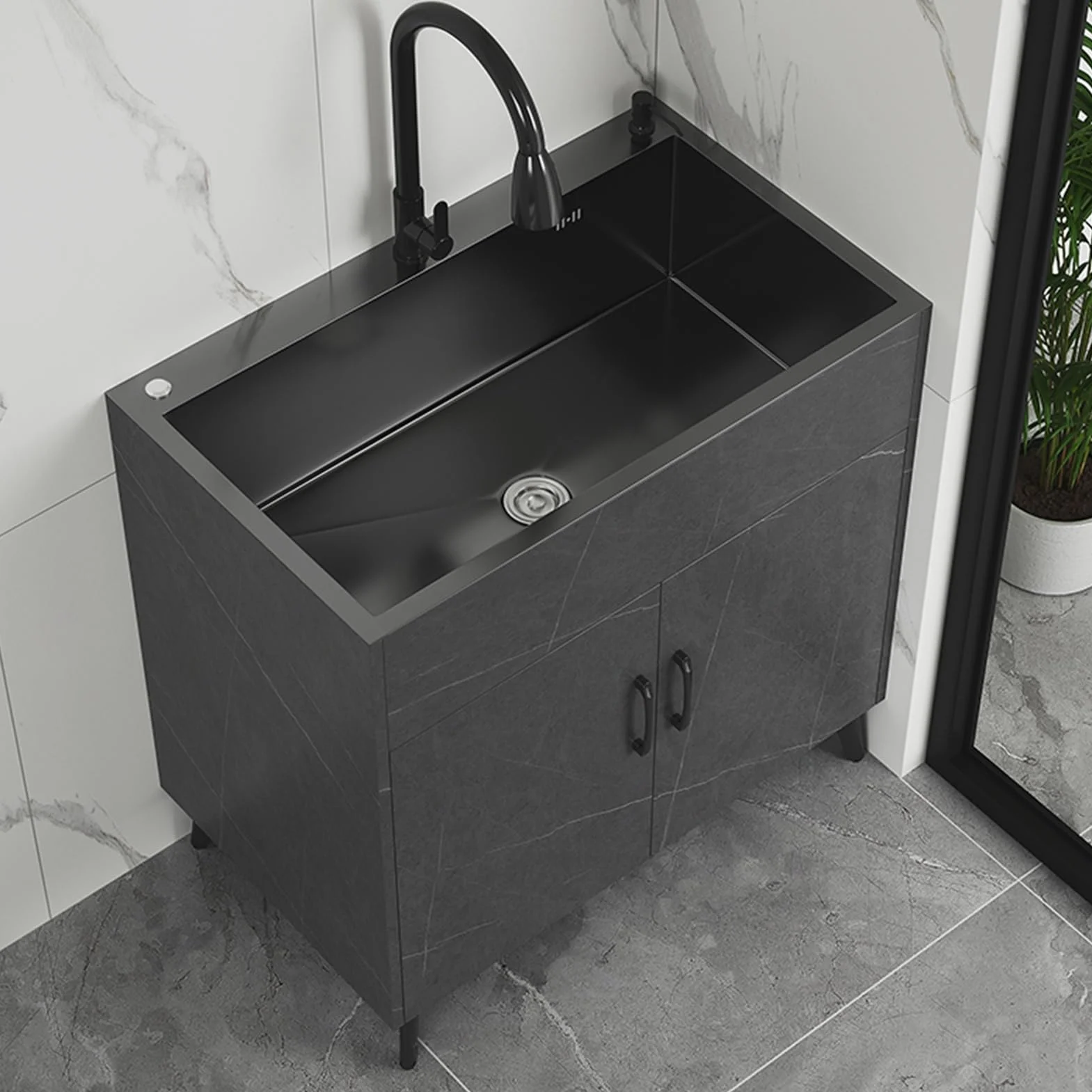 Mobile da bagno con lavabo, Lavello in Acciaio Inox Commerciale a Vasca Singola, Mobiletto Sottolavello Cucina con Rubinetto, per Ristorante, Cucina, Lavanderia(68x45cm/26.7x17.7in,Black)