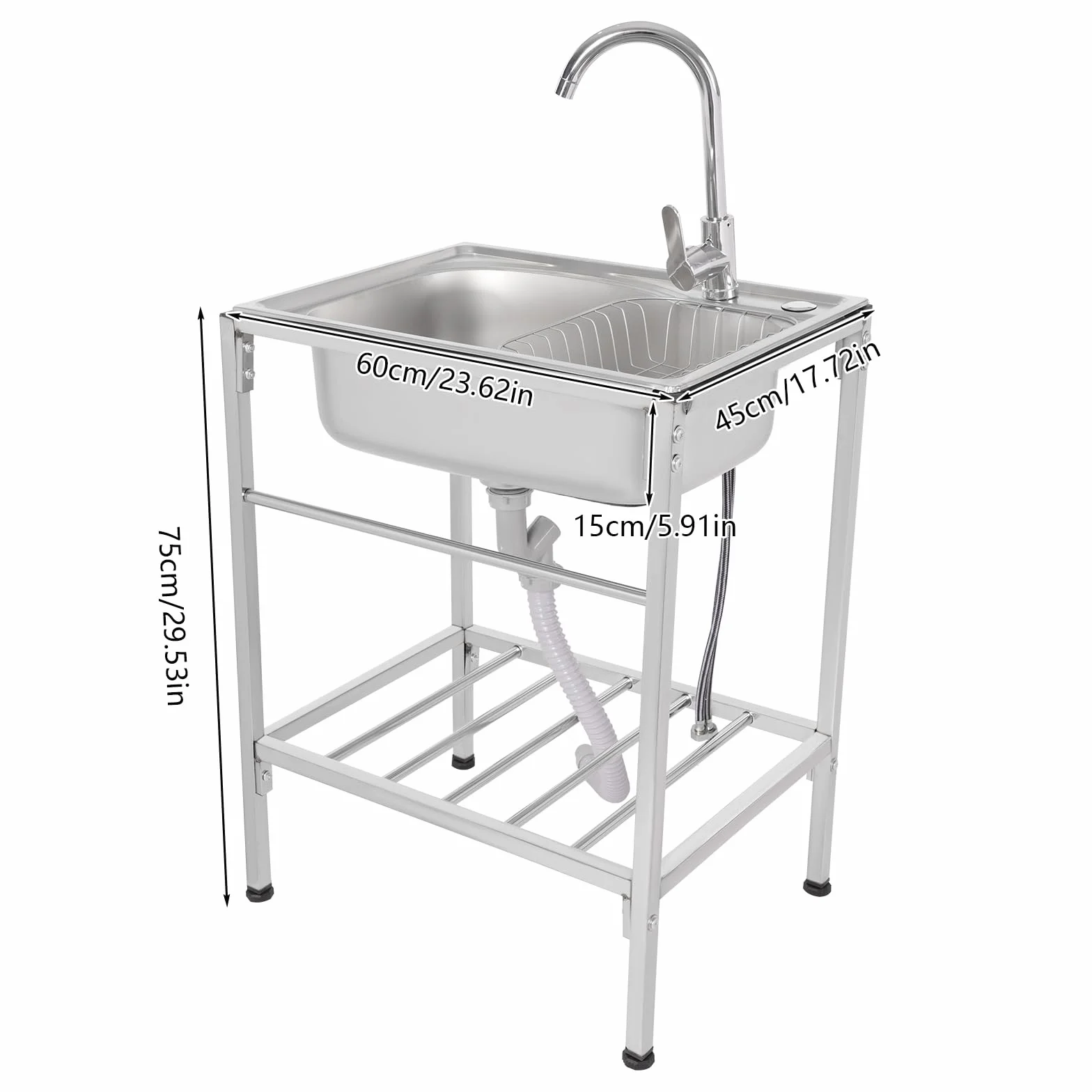 Lavello da Cucina in Acciaio Inox con Rubinetto Caldo e Freddo per Laboratori, Caffè, Bar Boutique 60 X 45 x 15 cm