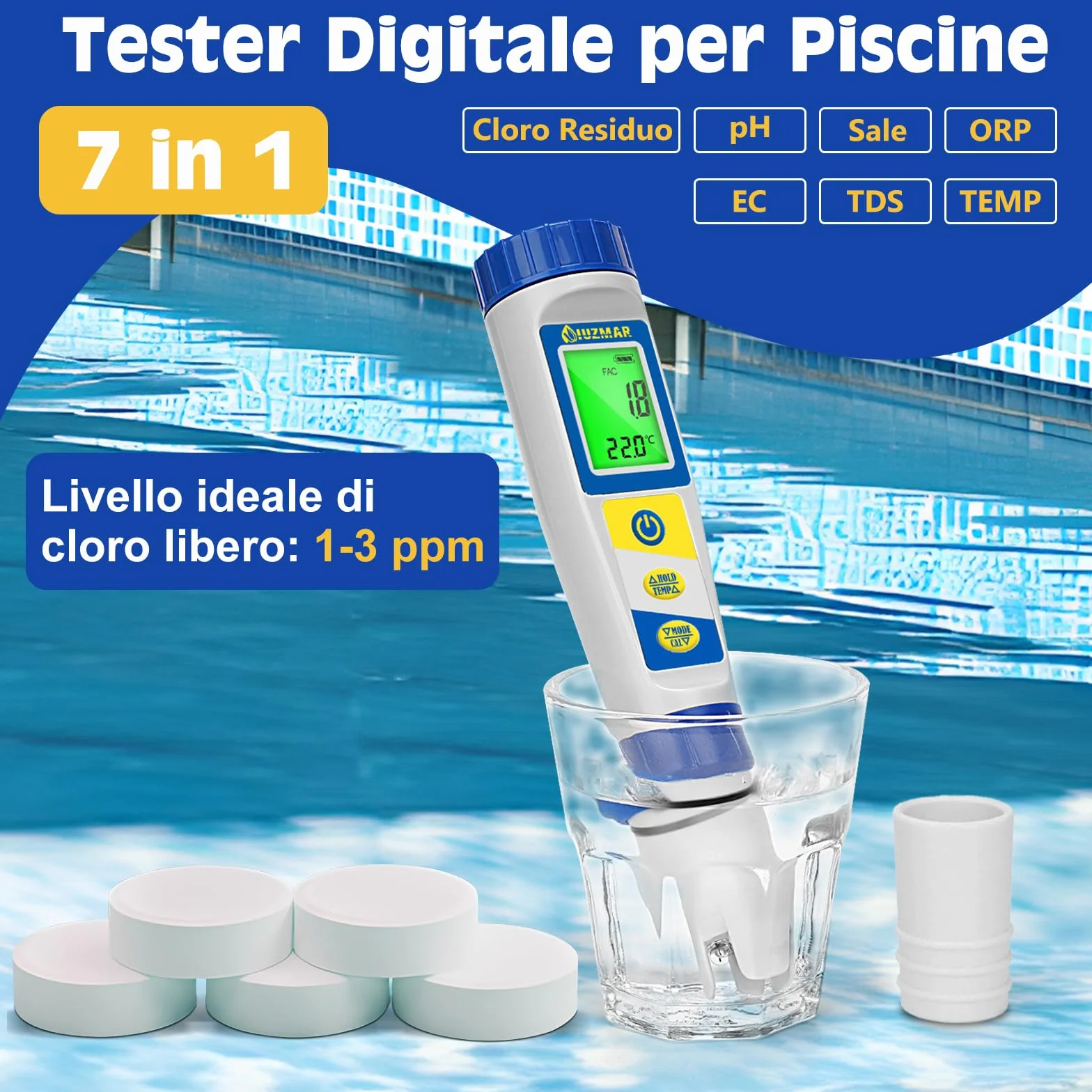 UIUZMAR Misuratore Cloro e Sale per Piscina, Tester Piscina pH e Cloro Digitale, Misuratore Multifunzionale di pH, EC, ORP e TDS Salinità Cloro Residuo per Piscine di Acqua Salata, Acquari, Idroponica