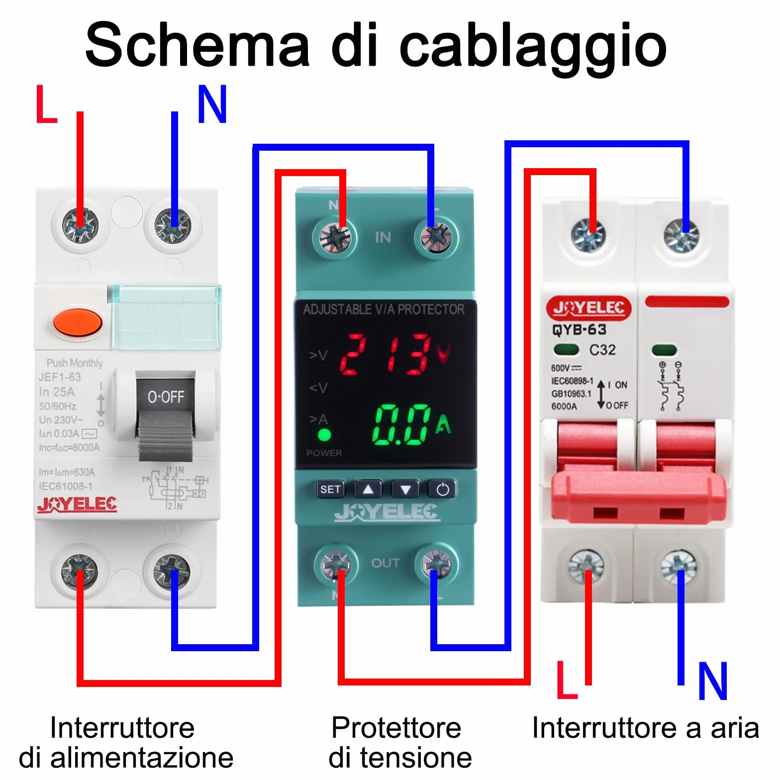 Protettore di sovratensione e sottotensione，Stabilizzatore di Tensione,Dispositivo AC230V protezione da sovratensione Relè di ripristino regolabile Voltmetro 63A Protezione sovracorrente