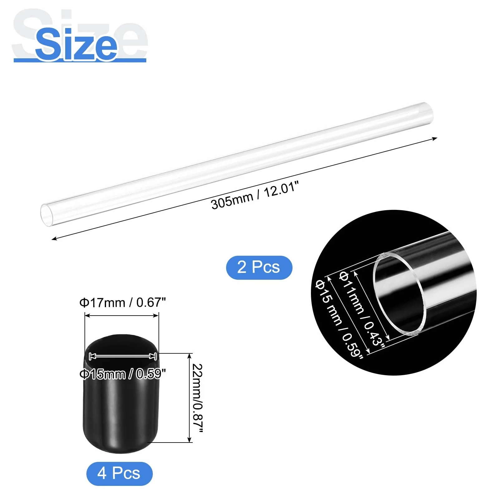 Rigid Acrylic Tube 11x15mm 30.5cm Clear Polycarbonate Pipe with Rubber Caps