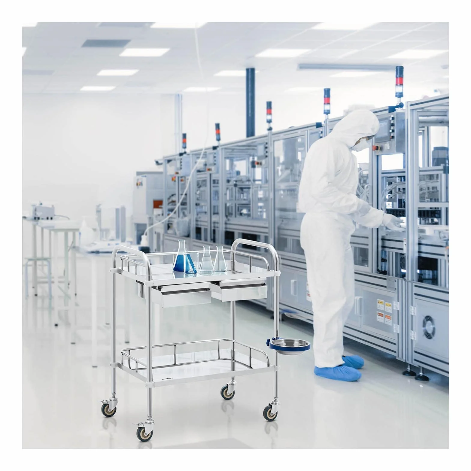 Steinberg Systems SBS-LF-132 - Carrello da laboratorio in acciaio inox, 2 ripiani, 74 x 44 x 13 cm, 2 cassetti, 20 kg