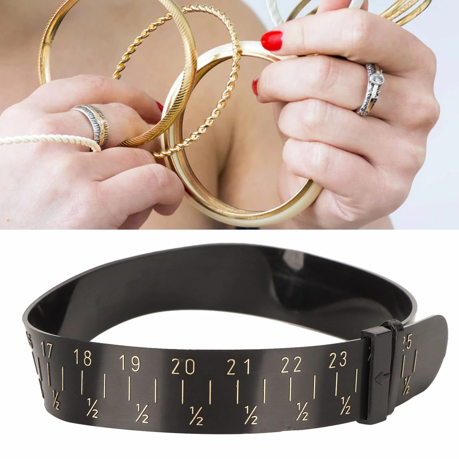 Calibro per Braccialetti 15-25 mm Misuratore Doppia Scala Plastica Strumento Dimensionamento Bracciali