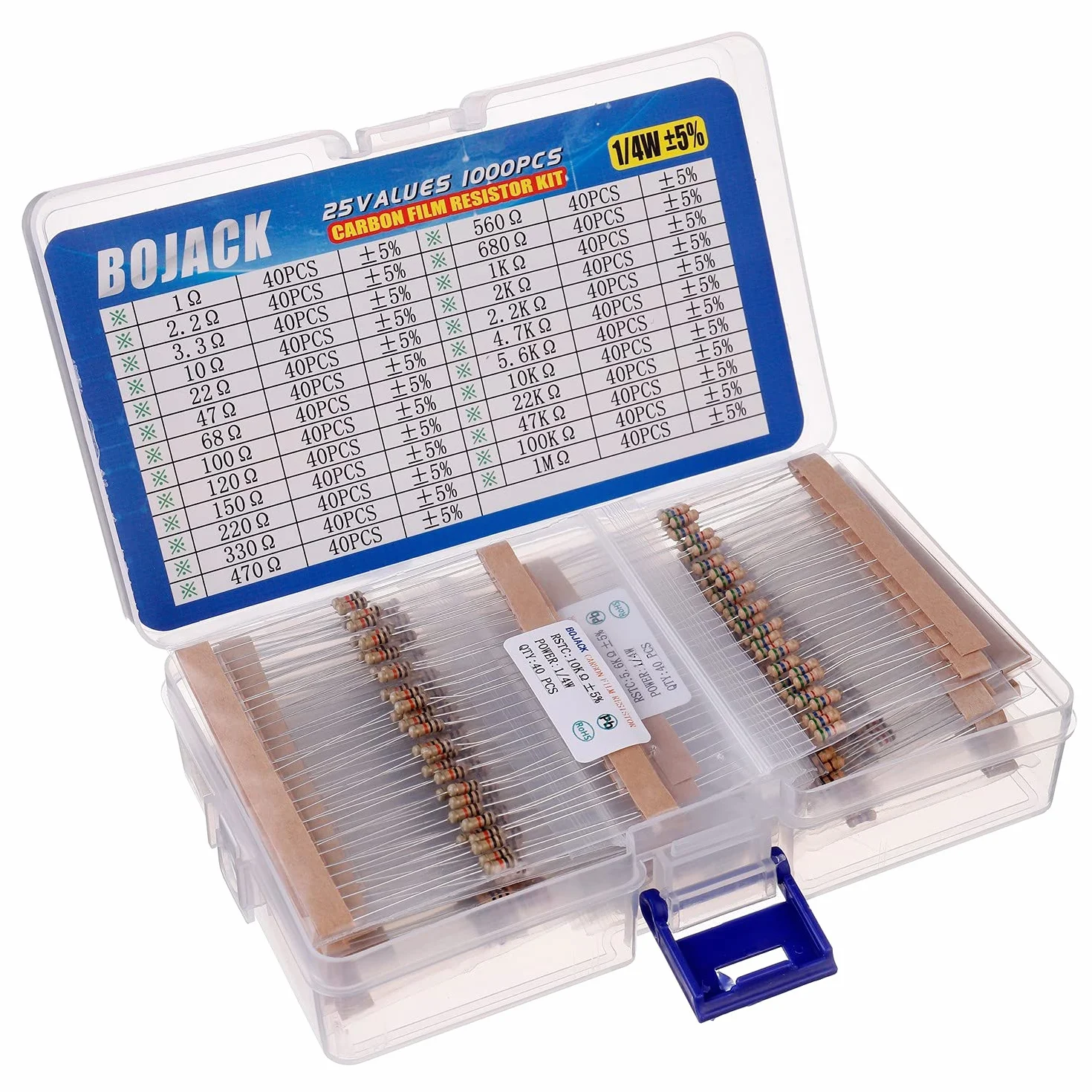 Kit resistori BOJACK 1 Ohm-1 M Ohm 1/4 W pellicola carbonio 1000 pezzi