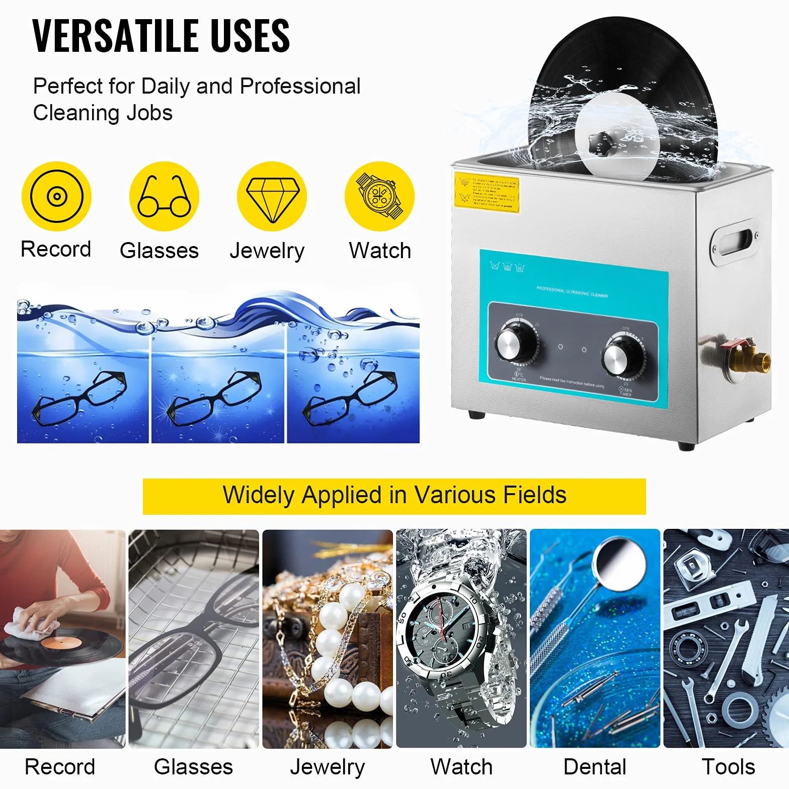 VEVOR Pulitore a Ultrasuoni 6L Digitale, 220V 50kHz Professionale con Riscaldamento, Nero per Gioielli Occhiali