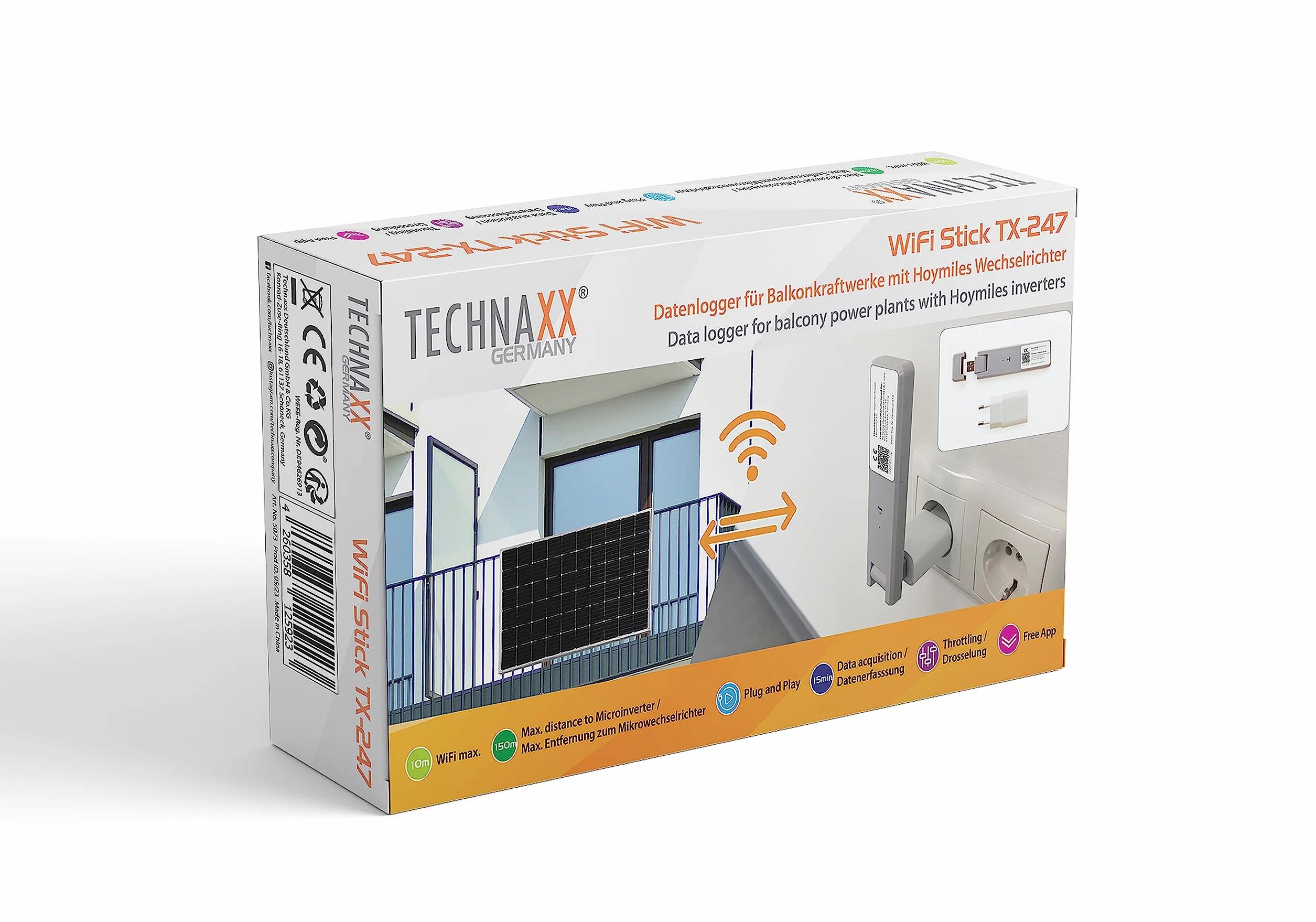 Technaxx WiFi Stick TX-247 Data Logger per microinverter Hoymiles, limitazione potenza 800W-600W, monitoraggio fino a 4 pannelli, S-Miles Cloud