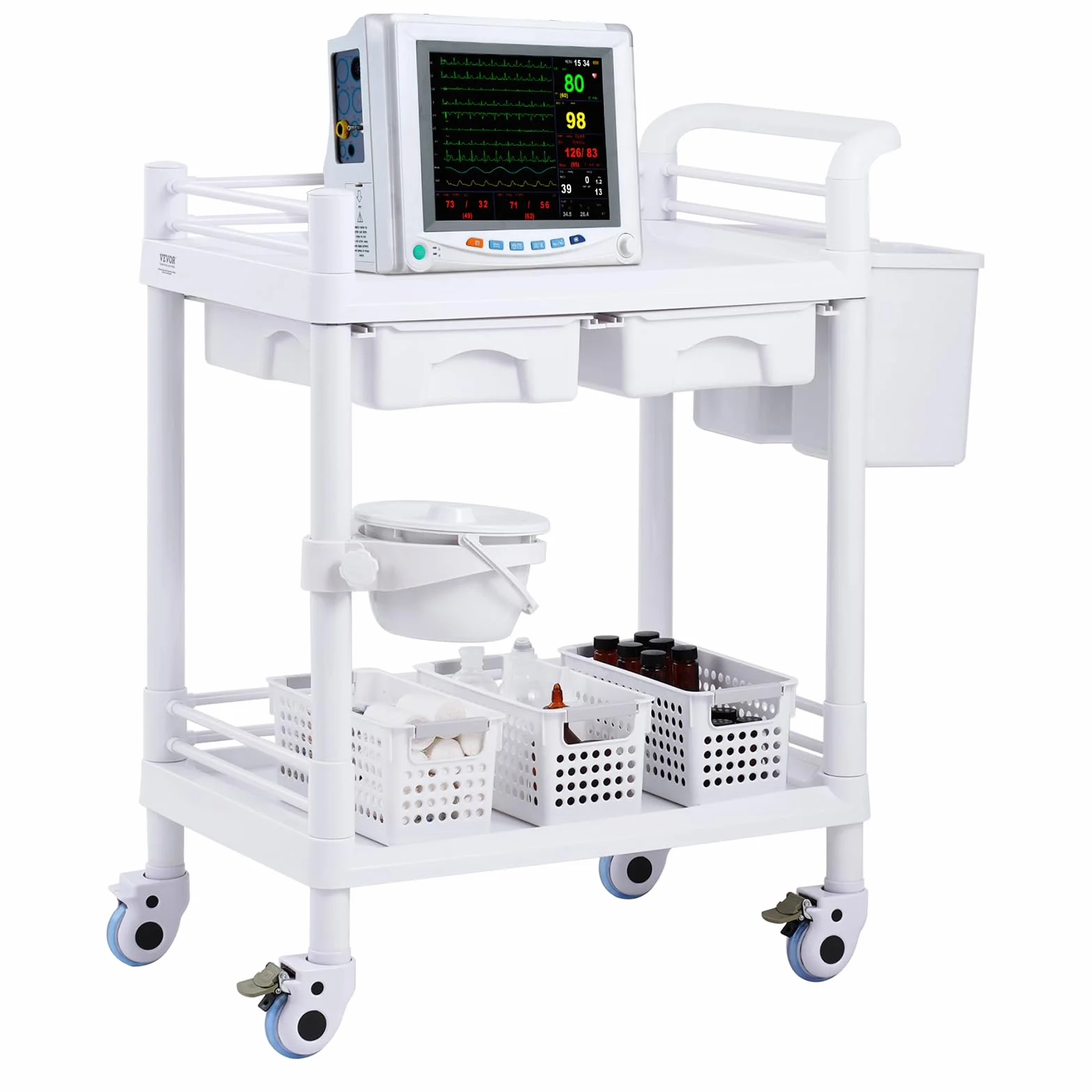 VEVOR Carrello da Laboratorio a 2 Ripiani, Mobile Medico con 2 Cassetti, 2 Vassoi, 4 Ruote, PP, 3 Contenitori