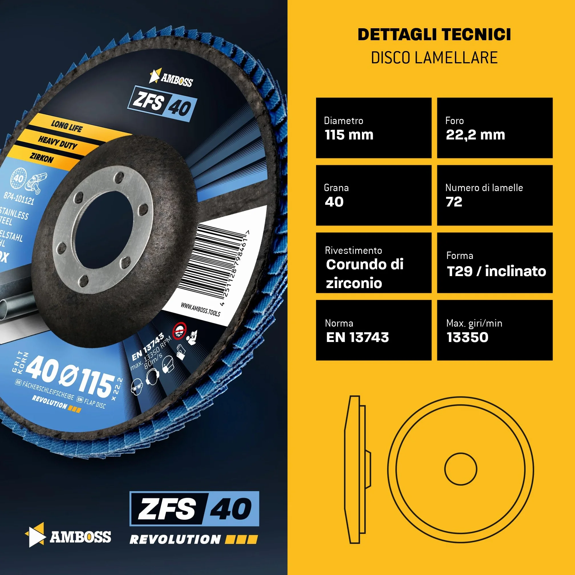 10x Disco lamellare Ø115mm K40 per acciaio/inox - levigatura, rimozione della ruggine, levigatura del giunto a V - AMBOSS Werkzeuge ZFS Disco lamellare blu per smerigliatrice angolare - Mopa