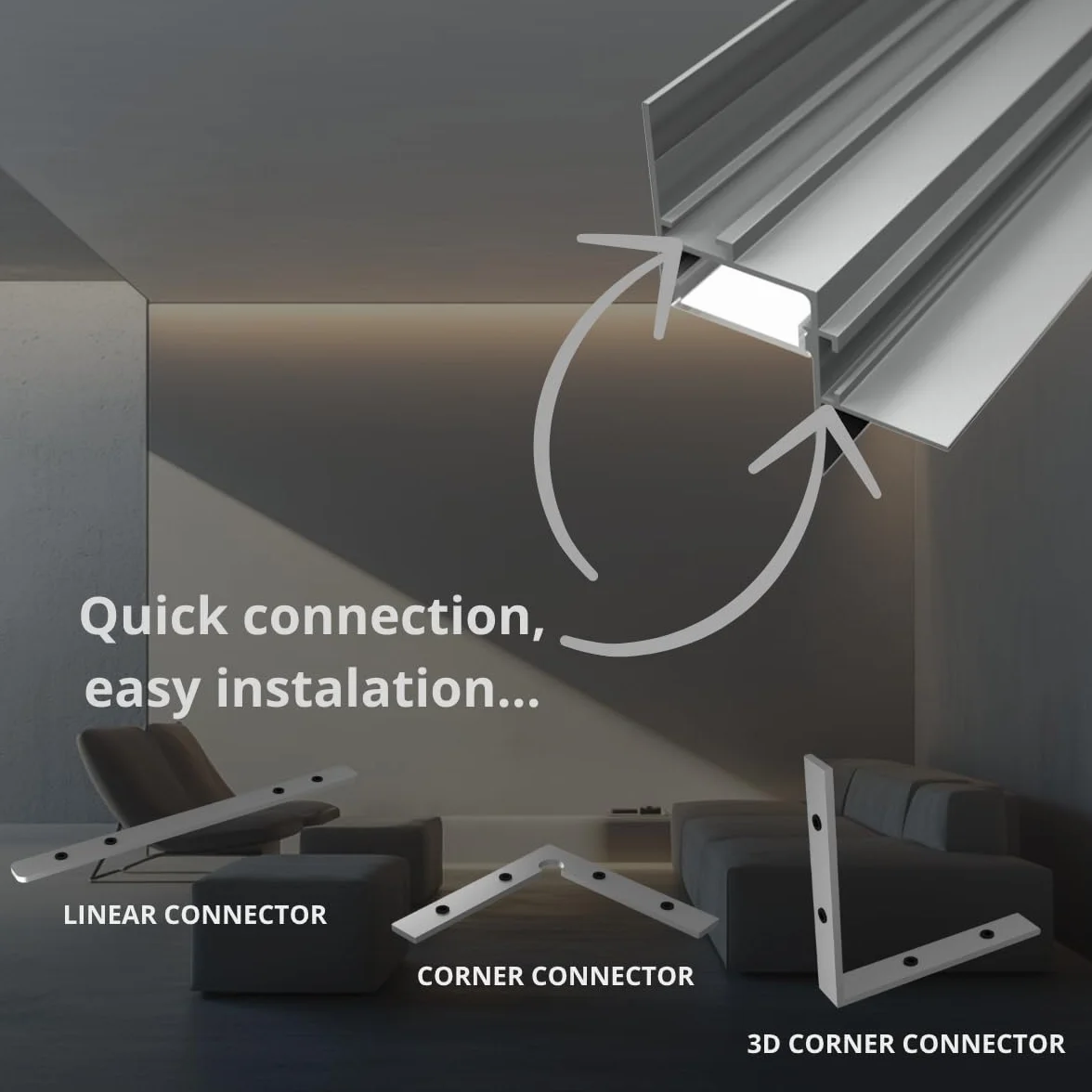 Profilo in Alluminio Bianco mod. Aura 2 metri per Cartongesso per Strisce LED (Cover Opaca)