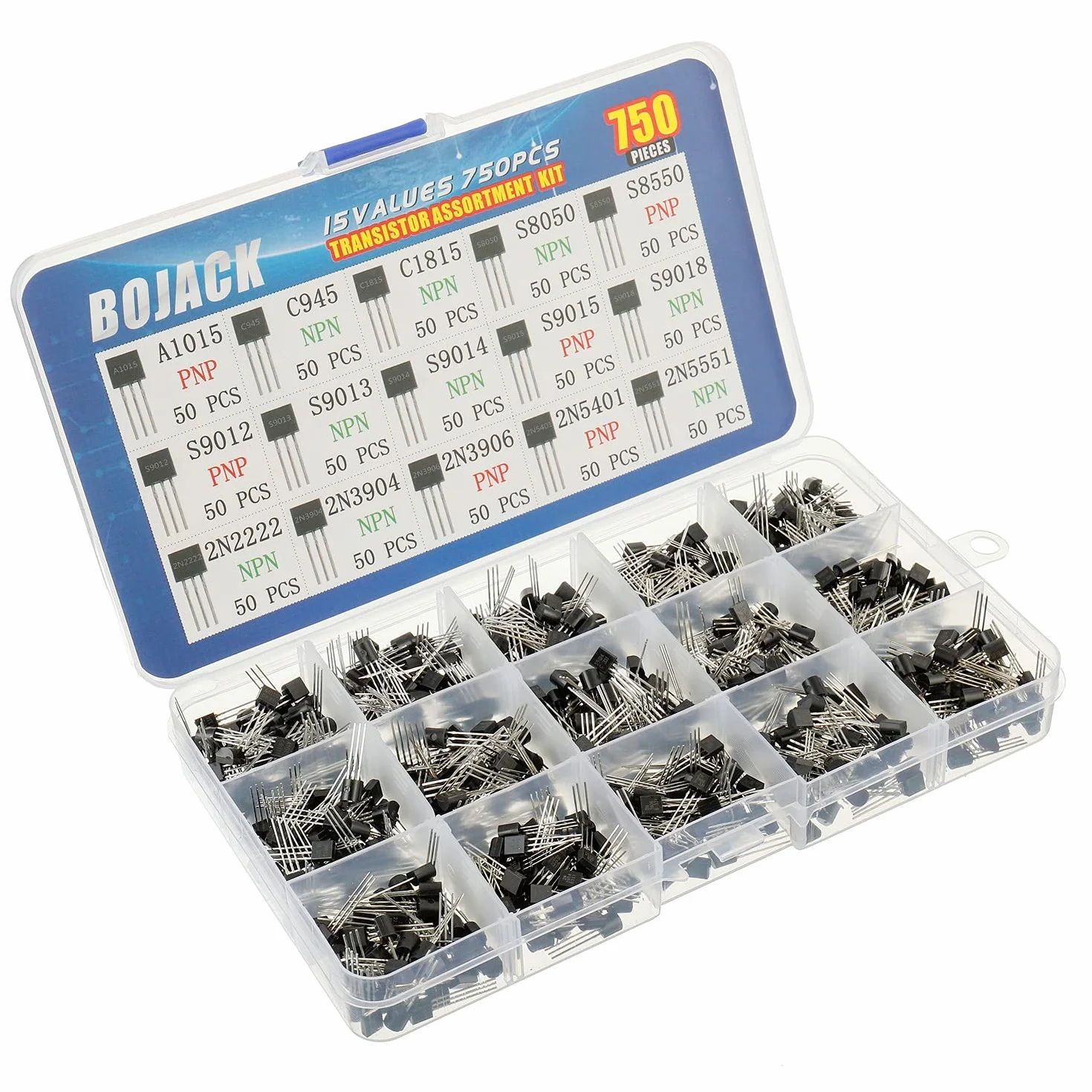 BOJACK 15 Valori 750 pezzi Kit assortimento transistor PNP NPN A1015 C945 C1815 S8050 S8550 S9012 S9013 S9014 S9015 S9018 2N2222 2N3904 2N3906 2N5401 2N5551