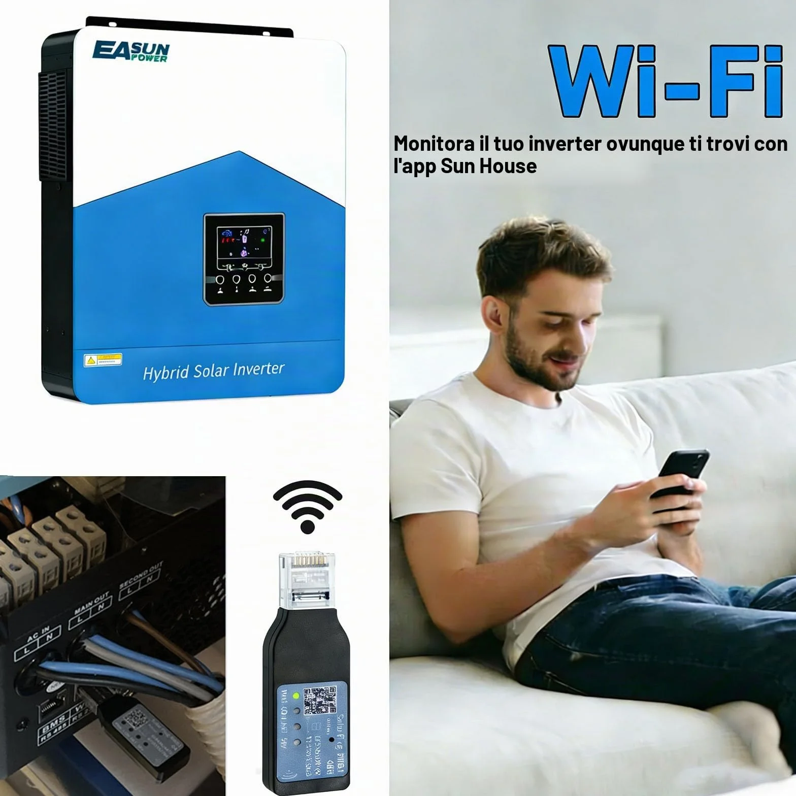 POWLAND 6200W Inverter ibrido da 48Vdc a AC 230V con modulo WiFi 2 uscite AC Larghezza PV 60-500VDC Off Grid Pure Sine Wave Solar Inverter 120A MPPT Per batterie al piombo e al litio