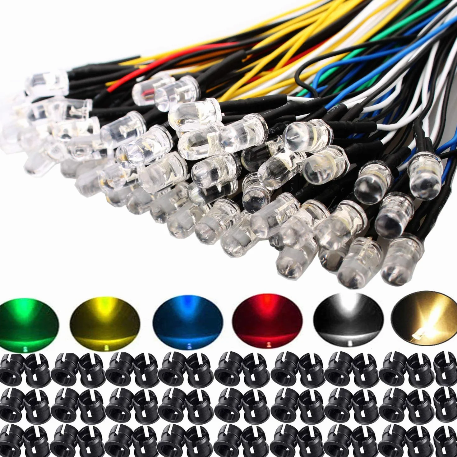 LED pre-cablati 5 mm ultra luminosi 60 pezzi bianco caldo rosso blu verde giallo + 60 supporti plastica