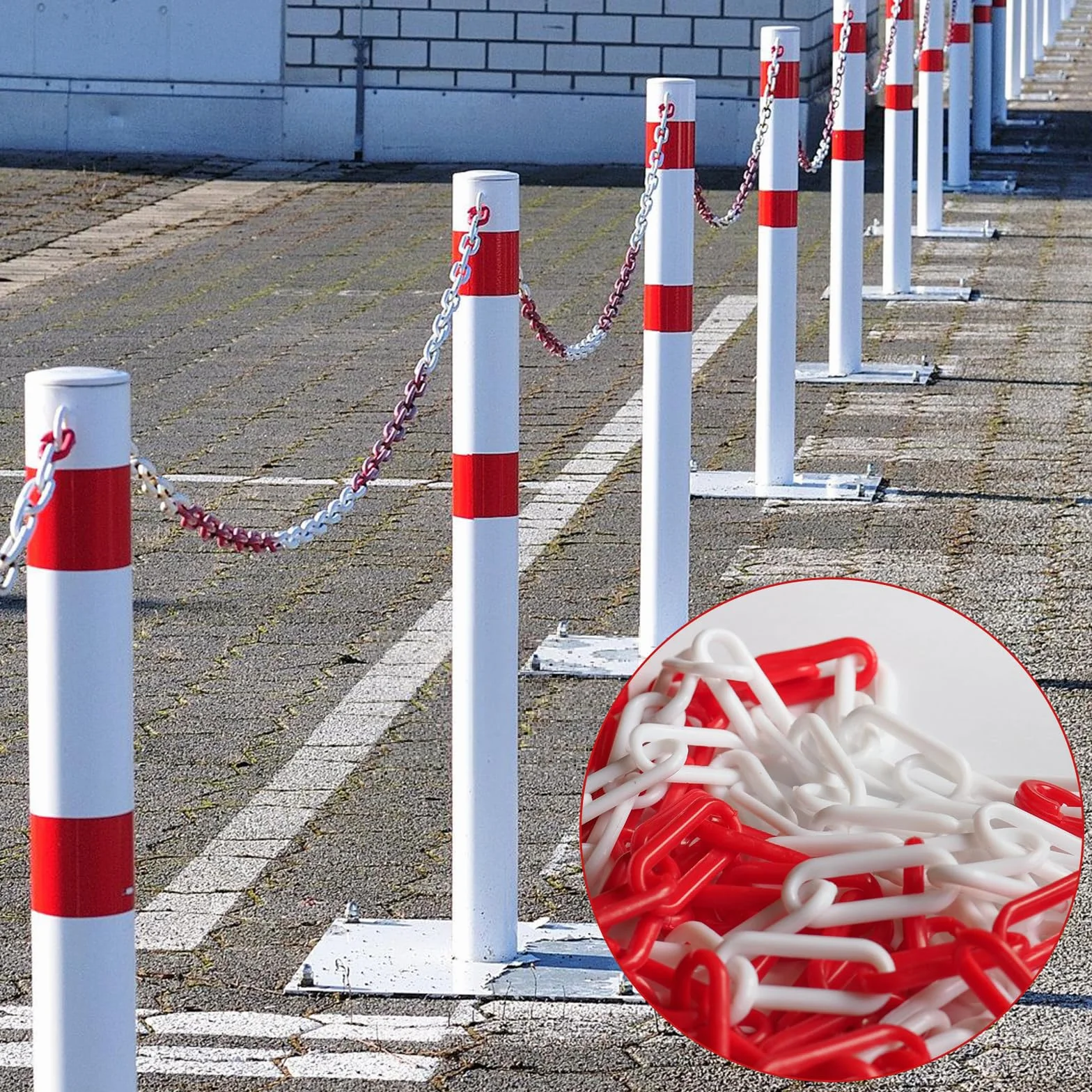 Catena di avvertimento in plastica, colore rosso, bianco, 15 m x 6 mm, per la sicurezza di avvertimento, parcheggio, costruzione, superfici