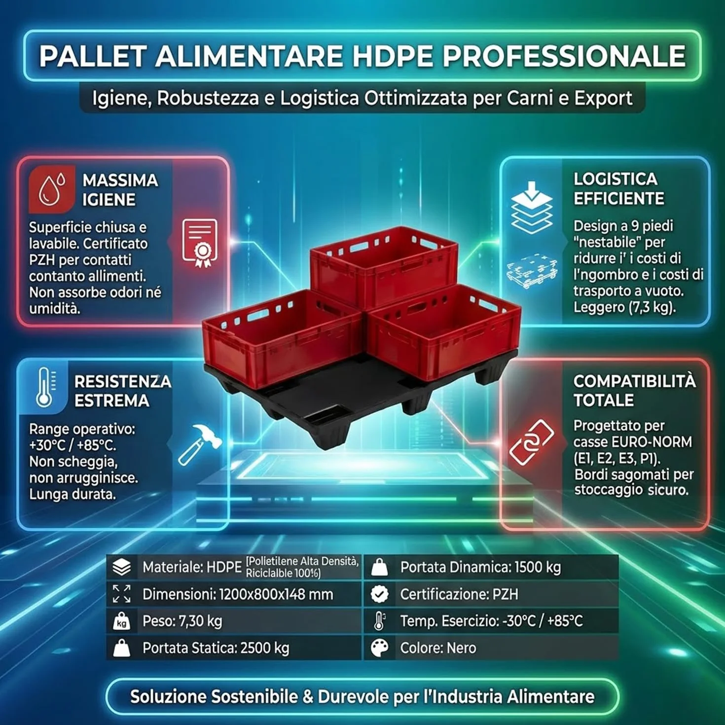 IMJ-Global - Pallet in Plastica HDPE, Bancali Plastica 120x80 Impilabile con 9 Piedini, Ogni Bancale Possiede la Certificazione Alimentare ed ha una Portata Massima di 2500kg (1 Bancale)