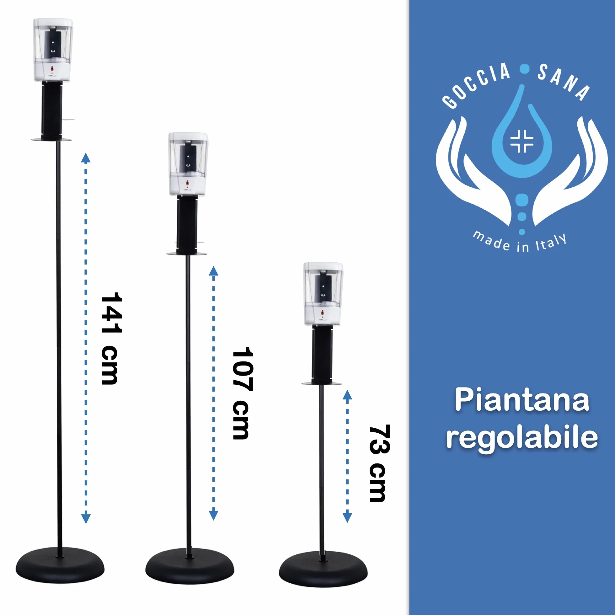 Dispenser gel disinfettante mani Gocciasana | Dispenser automatico con piantana | Colonnina igienizzante mani | Dispenser igienizzante mani (Tagliamento+ gel)