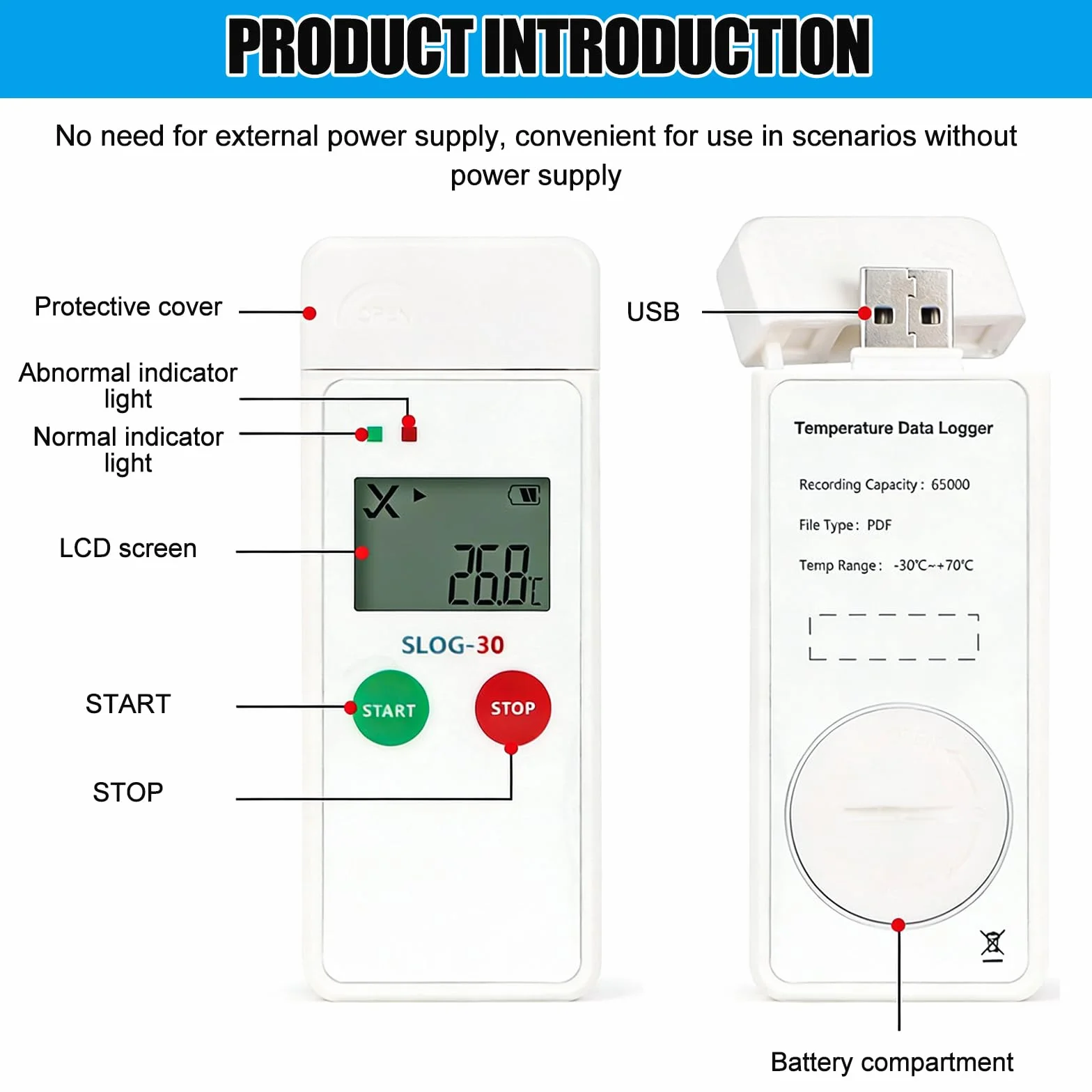 Registratore di temperatura USB digitale 65000 punti, logger con grande schermo LCD e rapporti PDF