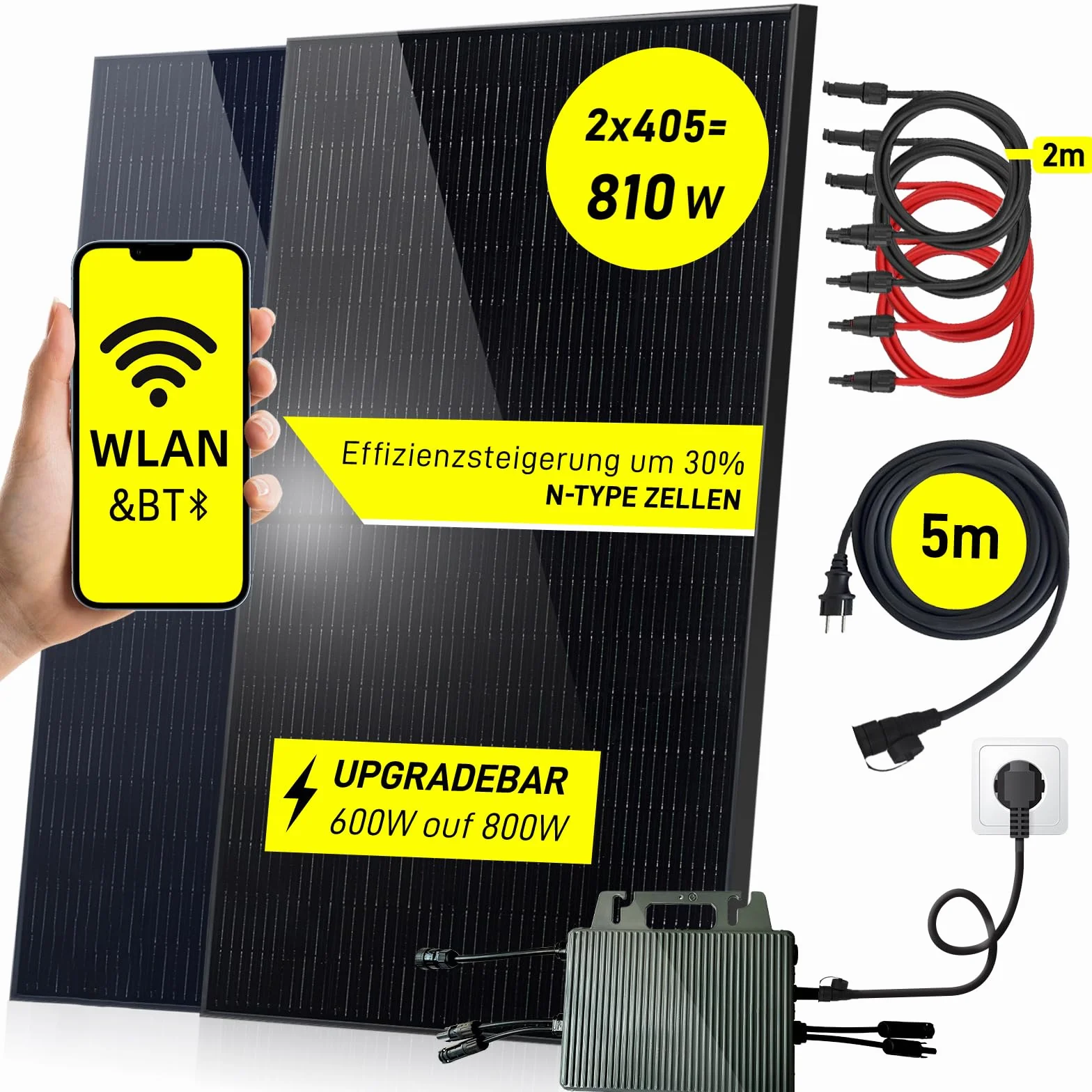 Pannelli Fotovoltaici da Balcone, Fotovoltaico da Balcone 800W, Fotovoltaico Plug and Play Supporta Wi-Fie Bluetooth, Inverter 800W-600W Regolabile, Fotovoltaico Plug and Play 800 watt con Cavo da 5M