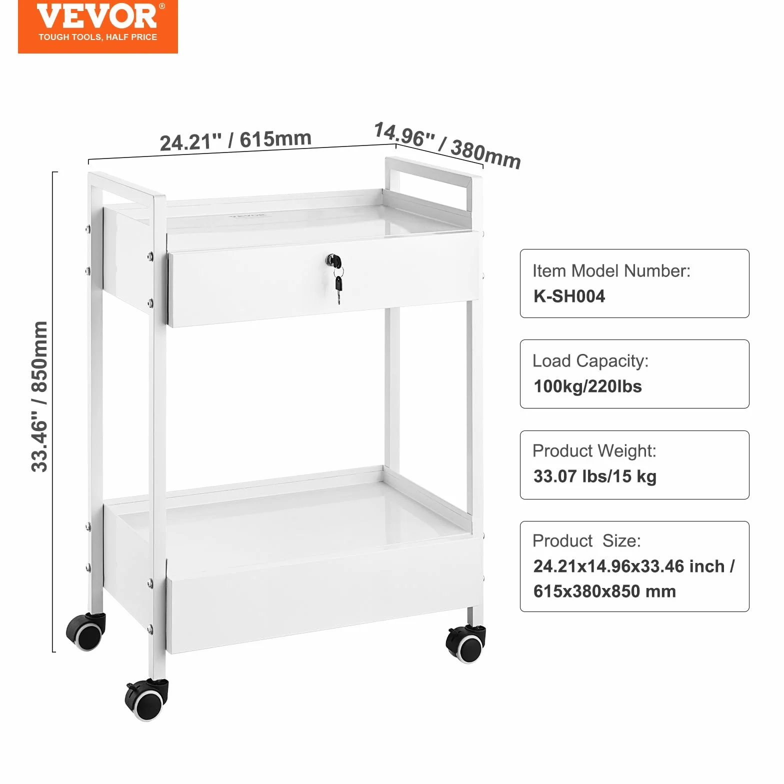 VEVOR Carrello da laboratorio in acciaio inox a 2 livelli con 2 cassetti e rotelle girevoli