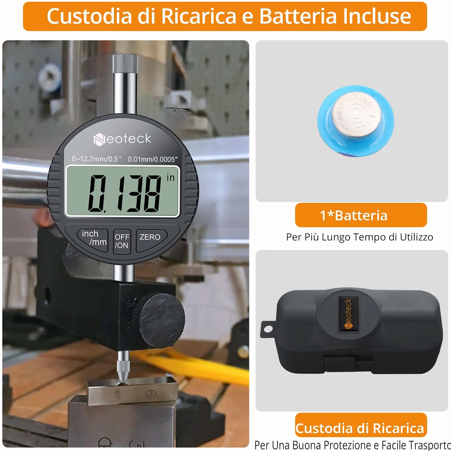 Neoteck Comparatore Centesimale Digitale 0.01mm Precisione con LCD Display Calibro Indicatore di Quadrante Professionale 0-12.7mm/0.5" Commutazione mm/inch per Meccanici Officina Laboratorio