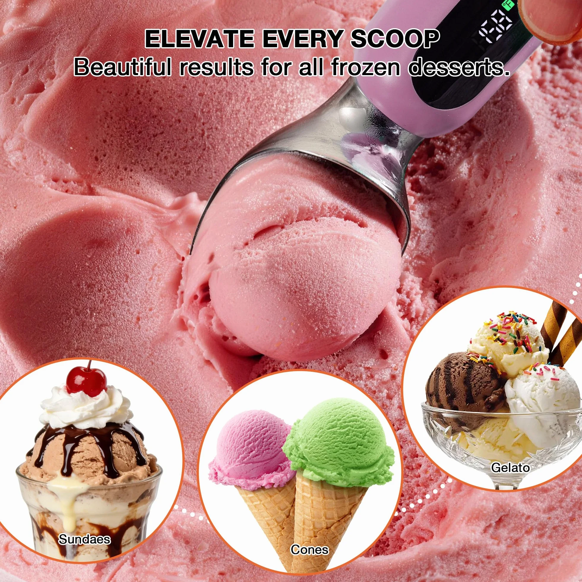 Paletta per gelato riscaldata, ricaricabile, elettrica, con display a LED, interruttore on/off, impermeabile IP67, riscalda fino a 70 °C, per gelato duro (rosa)