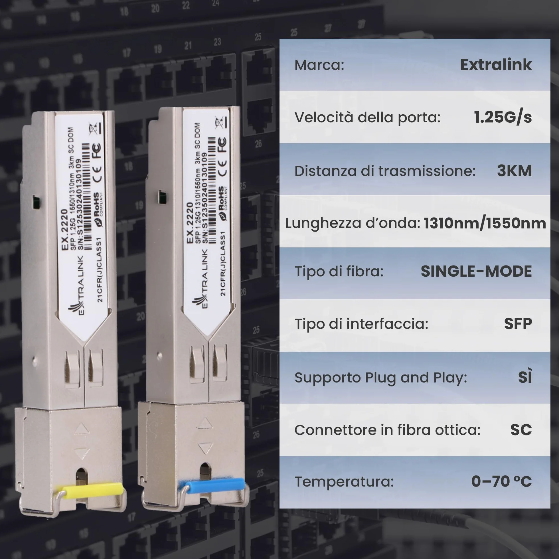 Extralink Modulo SFP WDM Singlemode 1,25G SC 1310/1550nm 3km Compatibile Ubiquiti UniFi Cisco Gigabit Ricetrasmettitore Switch Router