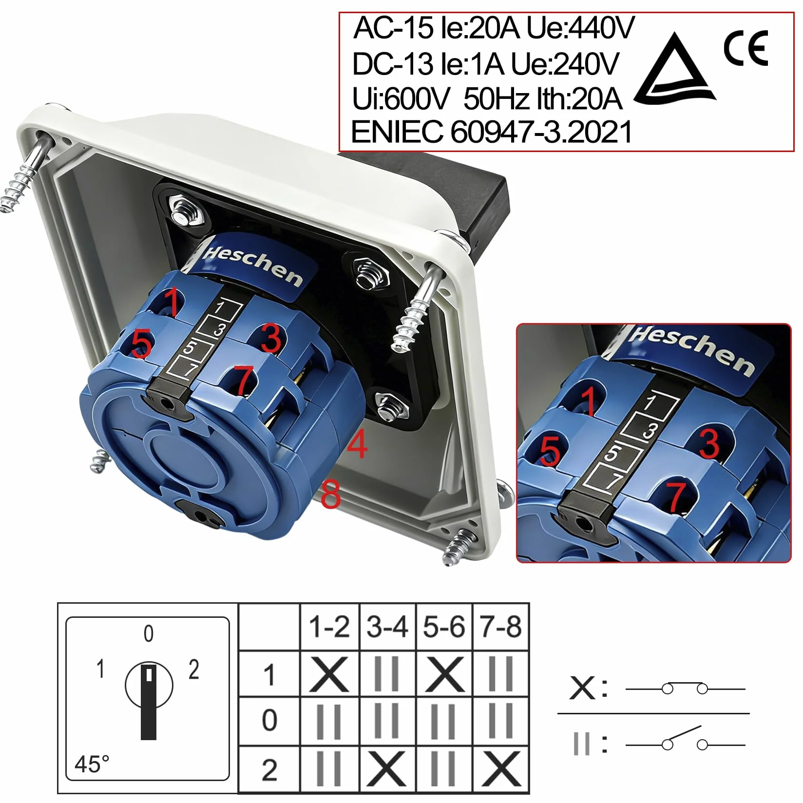 Heschen Interruttore selettore universale rotativo, SZW26-20/D202.2D, 660V 20A, 3 posizioni On-Off-On, 2 fasi 8 terminali, con scatola esterna interruttore master (Scatola più grande)